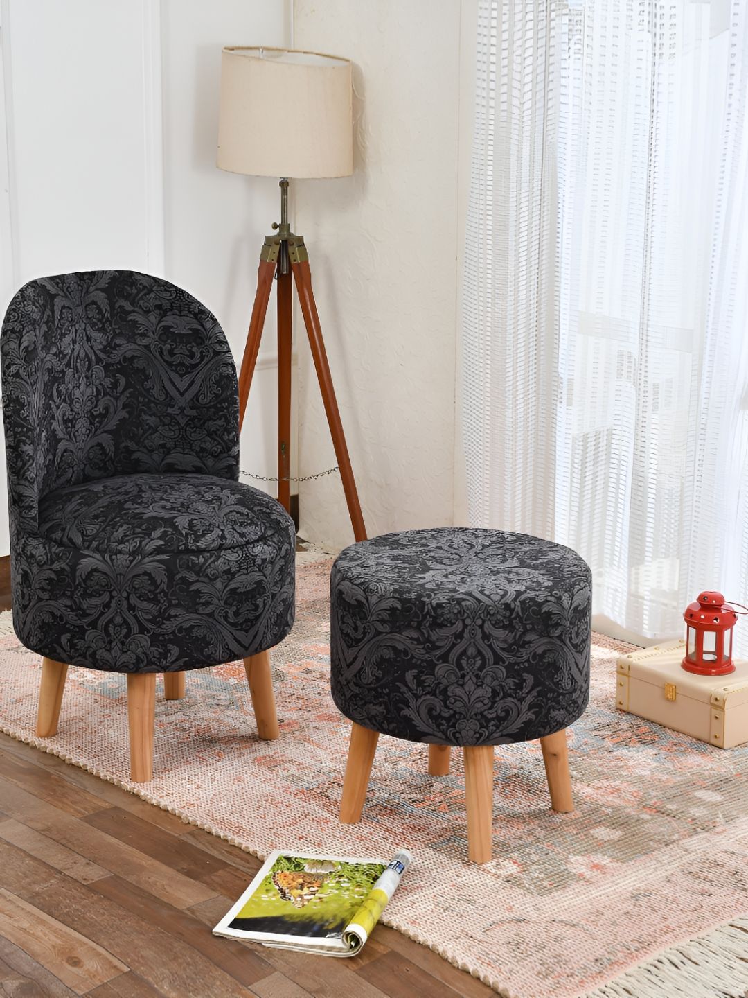 NACIA 2 Pieces Black & Grey Ethnic Motifs Printed Ottoman Pouffes Stool-image-21