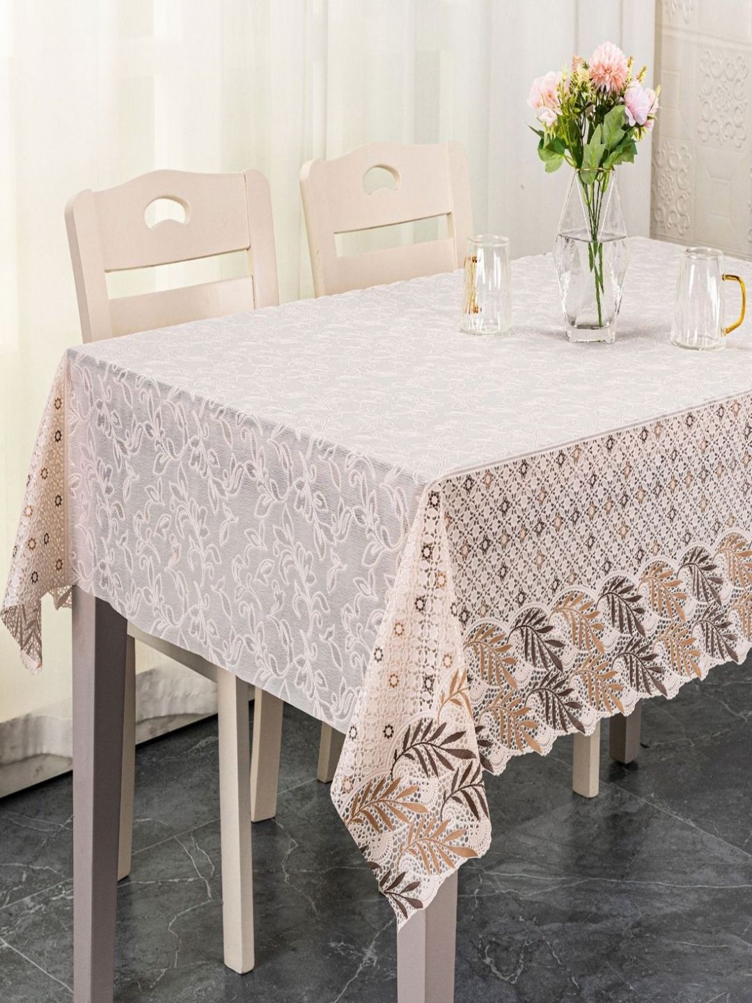 LooMantha Brown & Beige Floral Printed Cotton 6-Seater Rectangle Table Cover-image-20