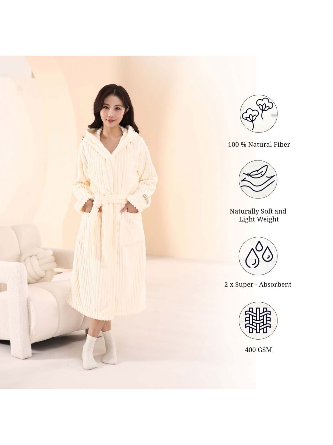 HOUSSE Beige Shawl Collar Bath Robe With Belt-image-19