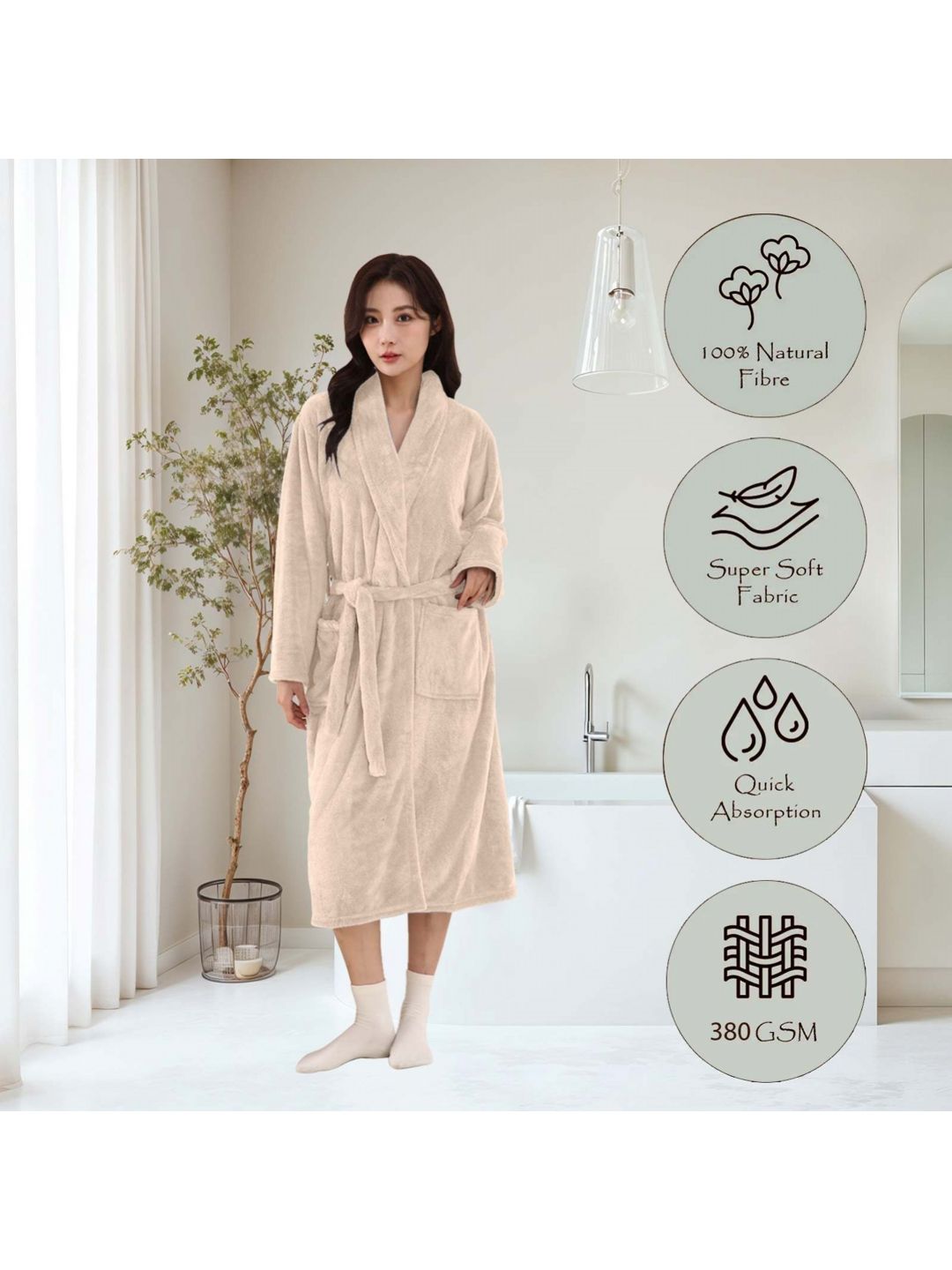 HOUSSE Beige 360 GSM Shawl Collar Bath Robe-image-34
