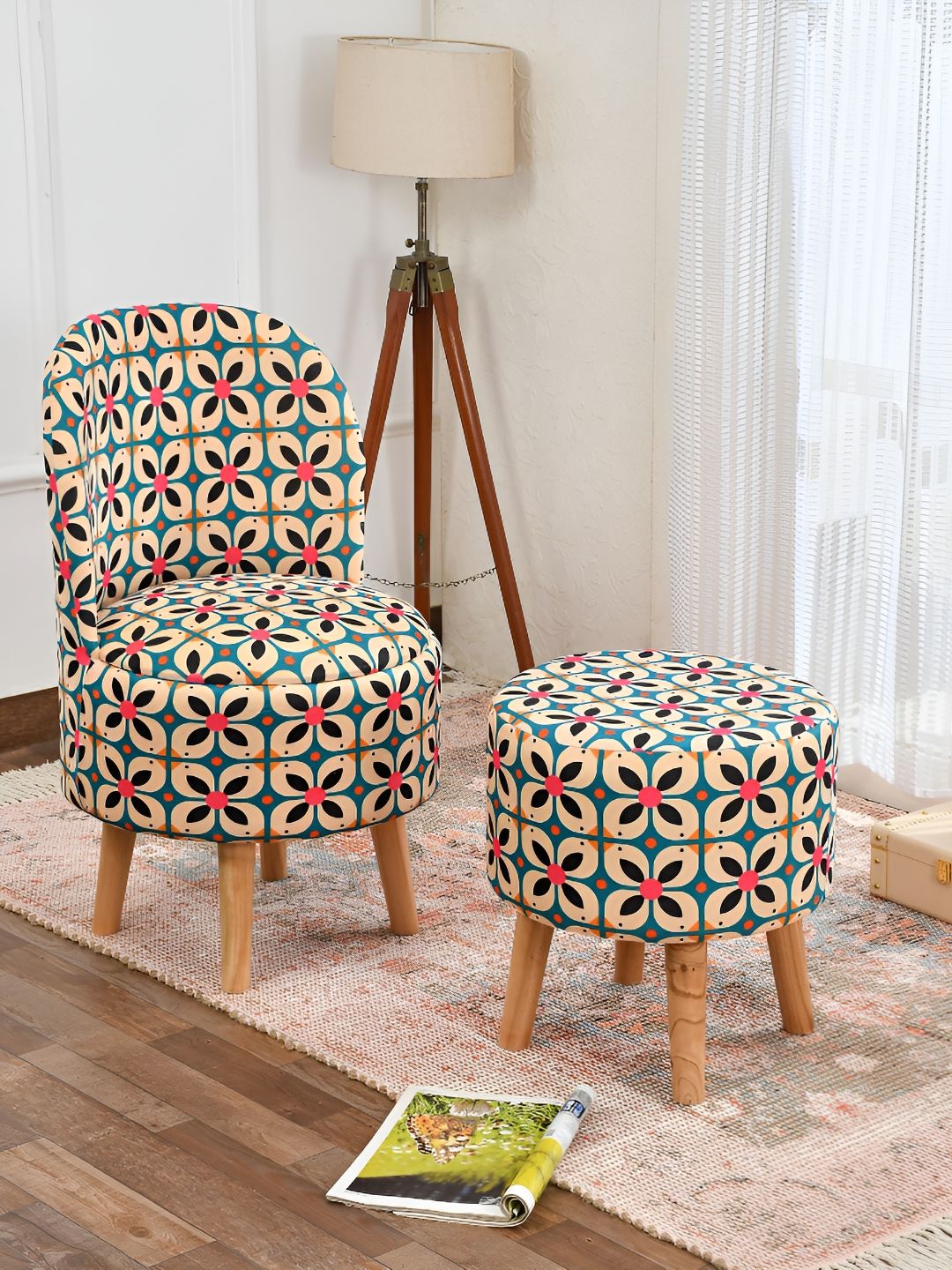 NACIA 2 Piece Blue & Red Printed Ottoman Chair with Footstool-picture-16