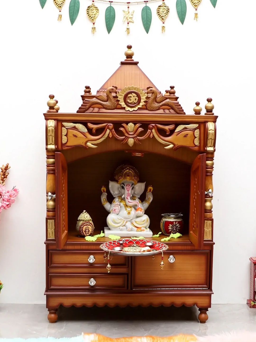 DZYN Furnitures Divya Darshan Brown Wooden Floor Rested Pooja Temple With Door