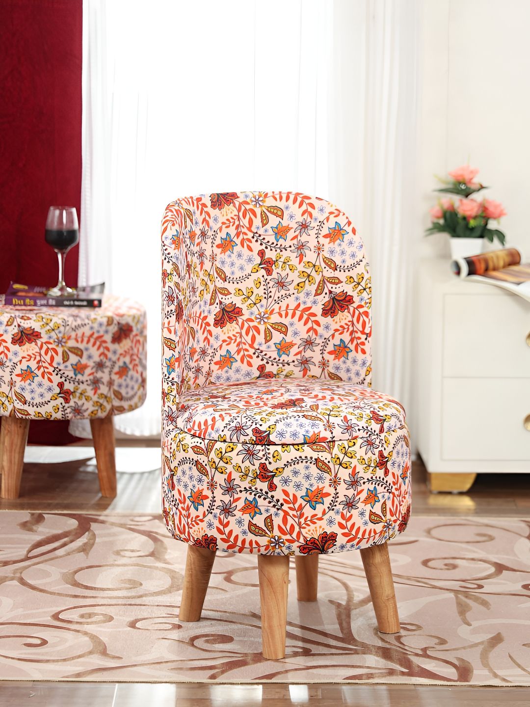 NACIA 2 Pieces Pink & Blue Floral Printed Cylindrical Shape Wooden Ottomans-picture-57