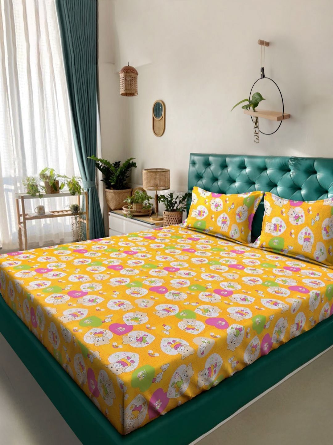 KLOTTHE Kids Yellow & White Printed Pure Cotton 400 TC King Bedsheet Set 2.50 m x 2.25 m-picture-36