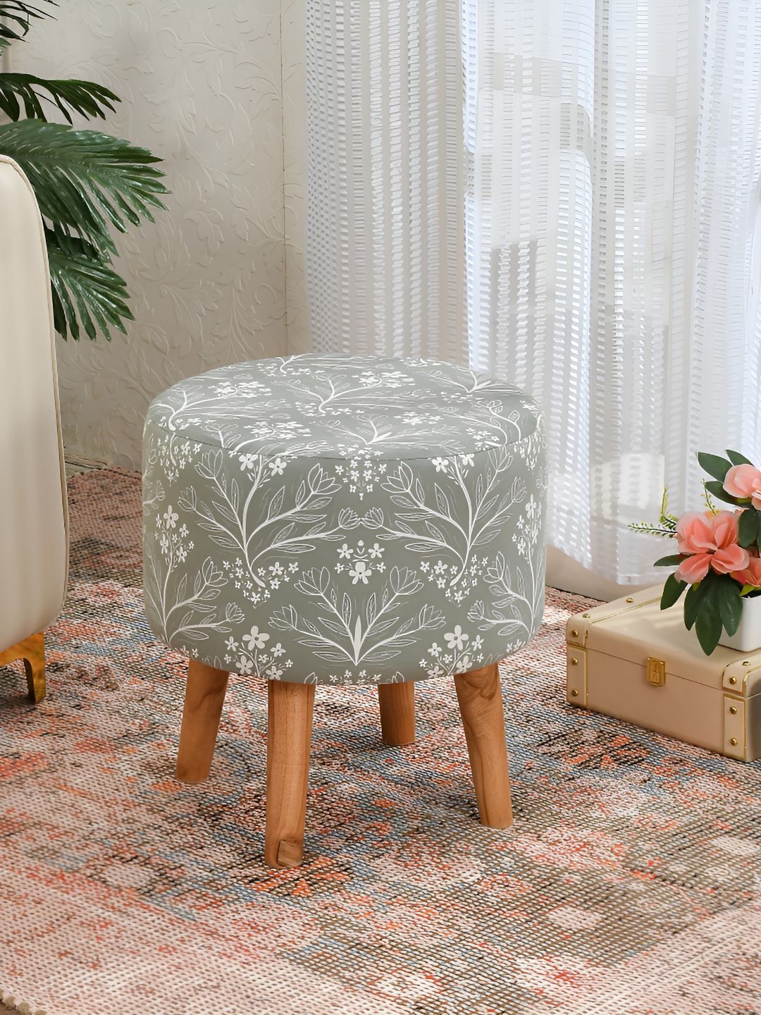 NACIA Green & White Printed Wooden & Velvet Round Pouffes Stool Ottomans-picture-55