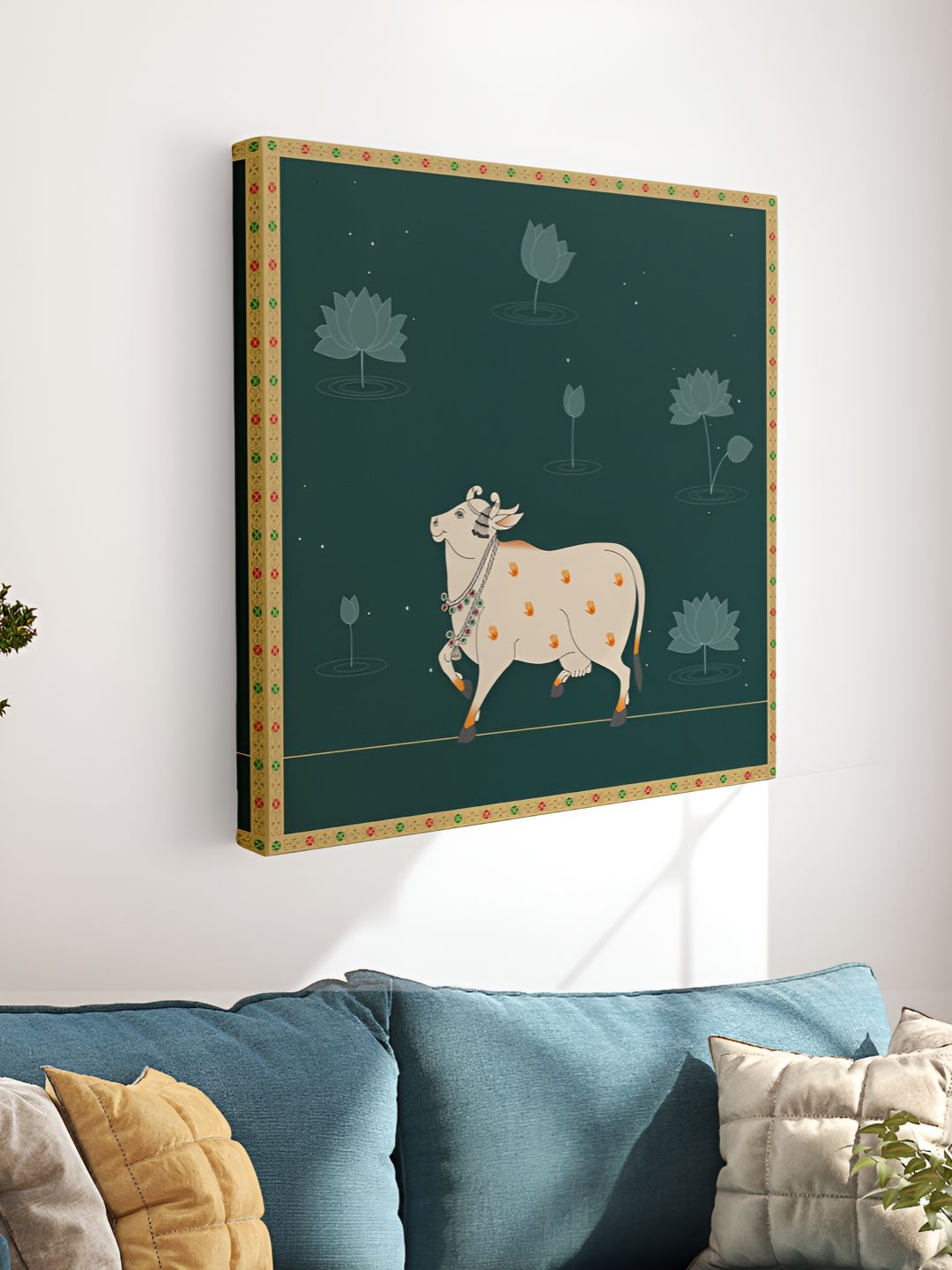 Myntra Elegant Homes Green & White Pichwai Cow Canvas Wall Art-image-3