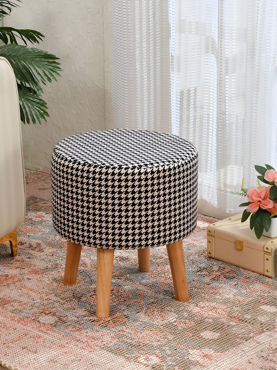 NACIA Black & White Printed Wooden & Velvet Round Pouffes Stool Ottomans-picture-37