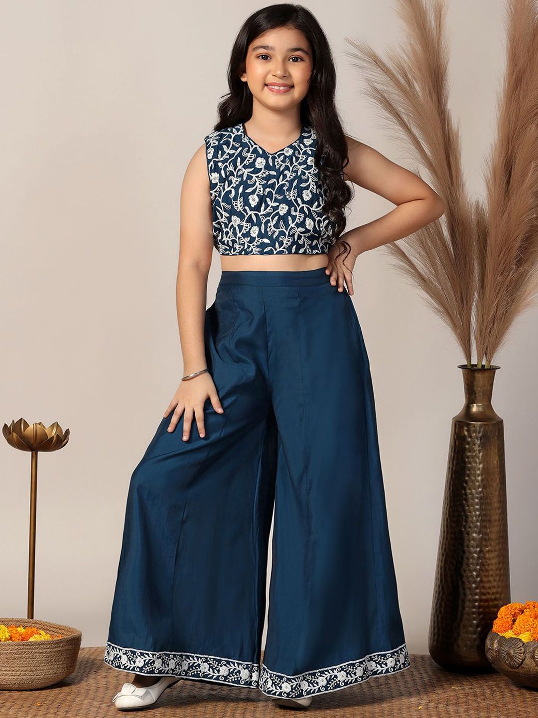 Sangria Girls Embroidered Crop Top With Palazzo