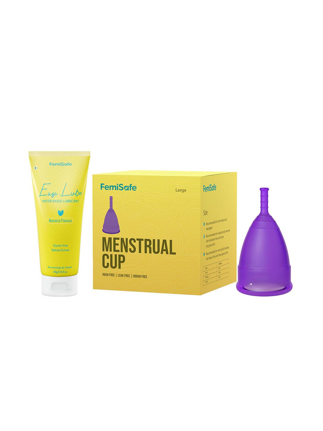 FEMISAFE Set Of 2 Reusable Menstrual Cup- L & Water Based Lubricant- 50 g- Banana Flavour