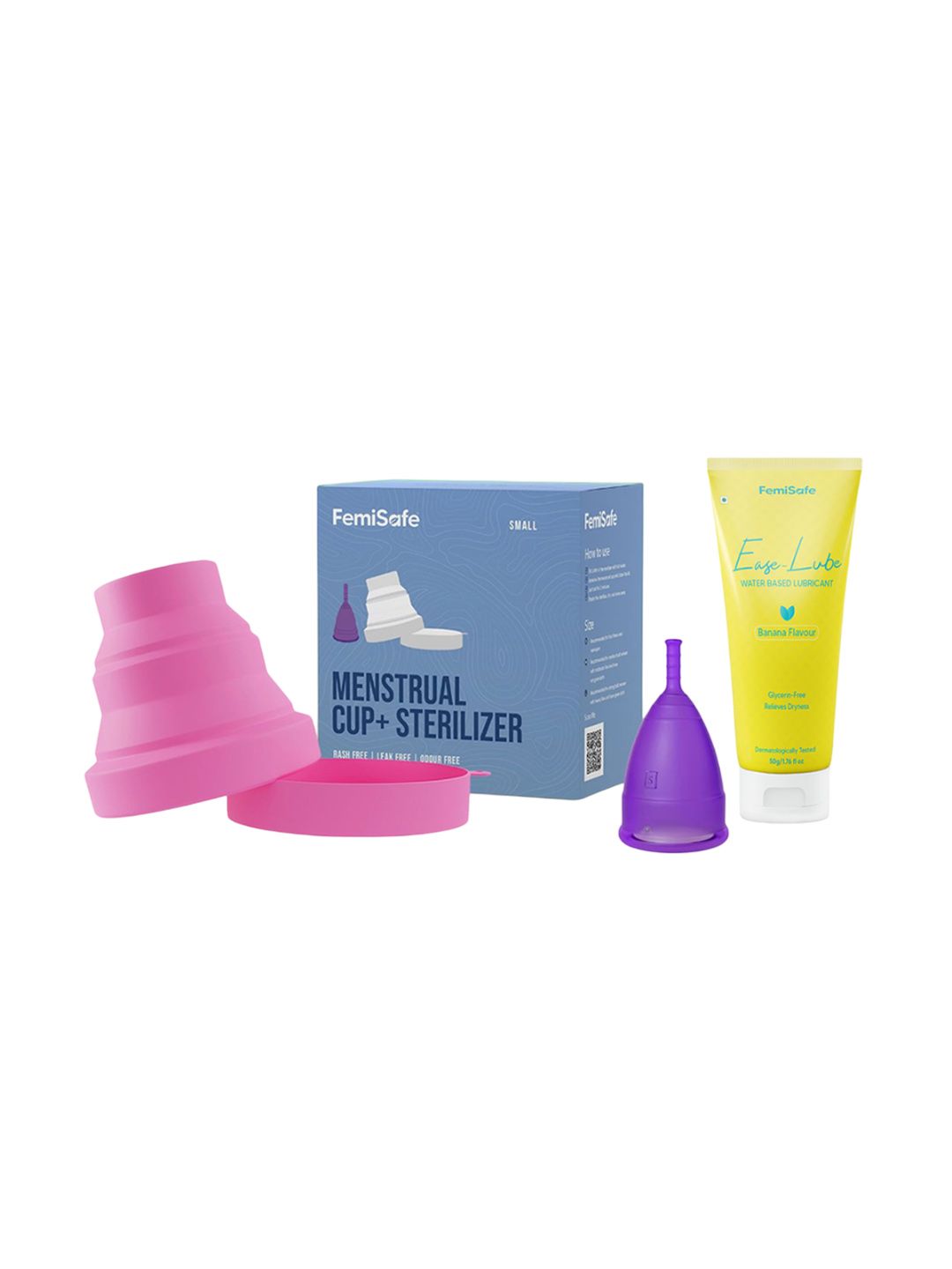 FEMISAFE Set Of 3 Menstrual Cup- S- Sterilzer & Water Based Lubricant- 50 g- Banana Flavor