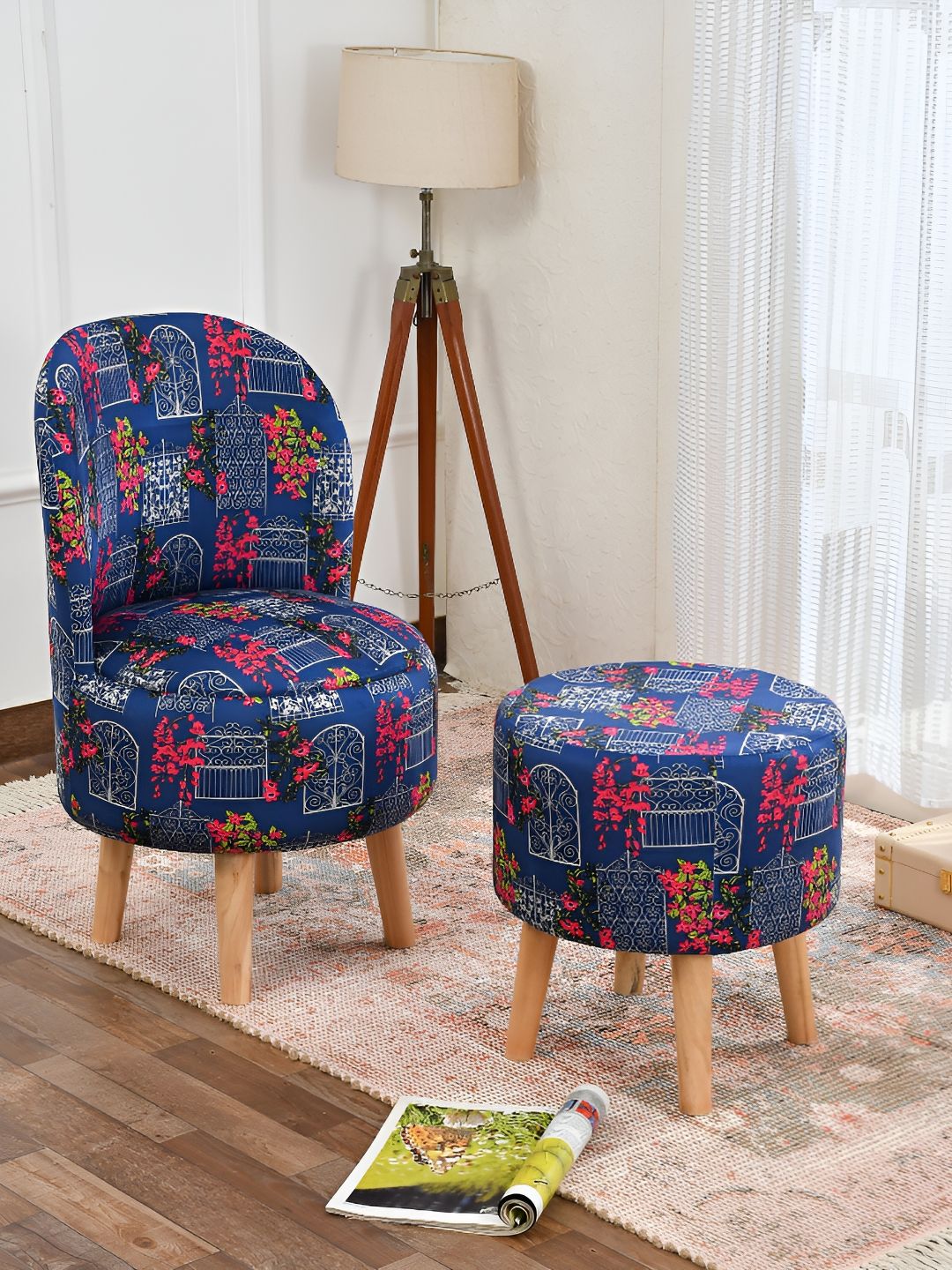 NACIA Blue & Pink 2 Pieces Printed Wooden & Velvet Cylindrical & Round Pouffe Ottomans-image-46