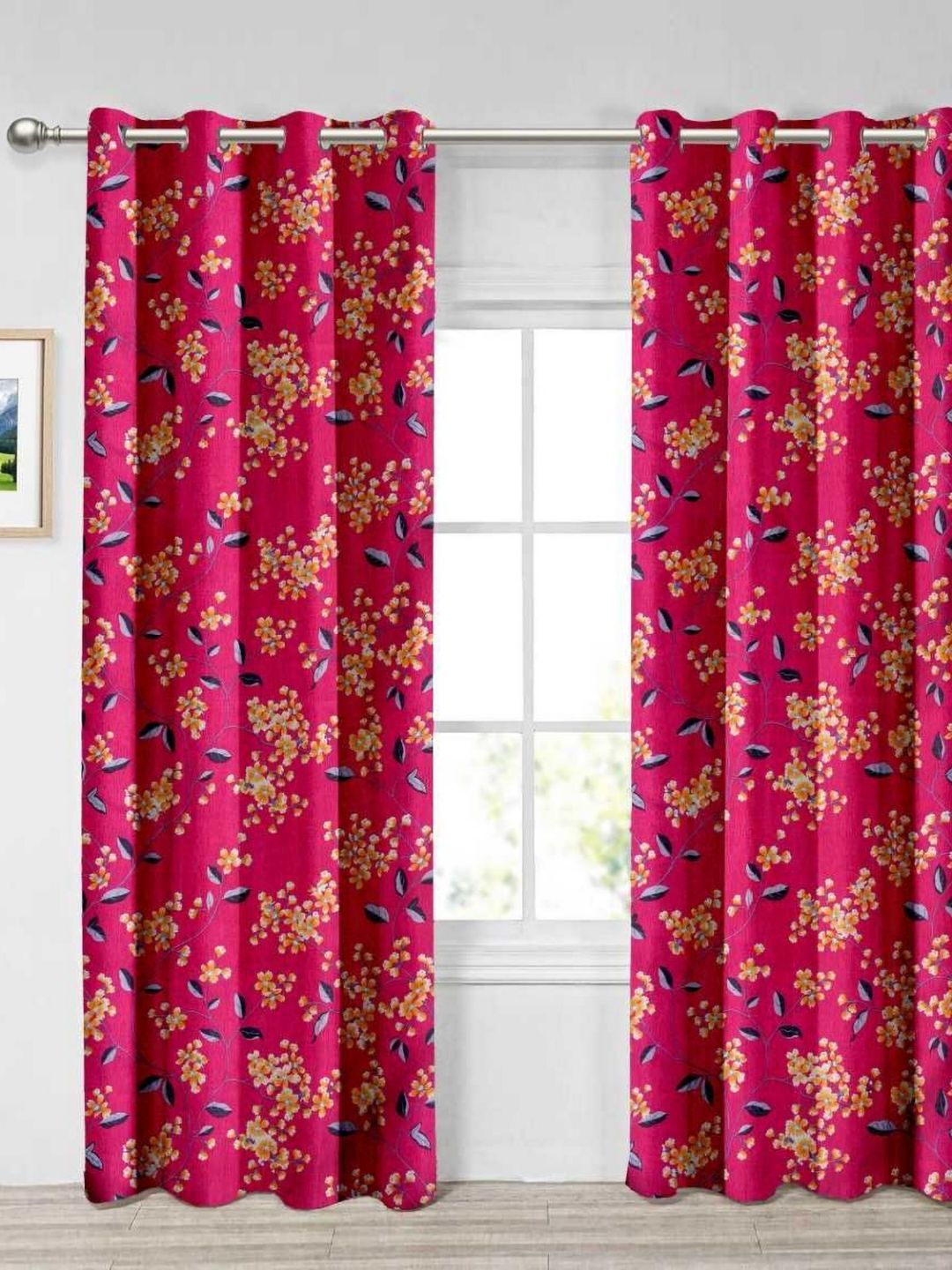 Aura Pink & Yellow Set of 2 Floral Window Curtain-image-46