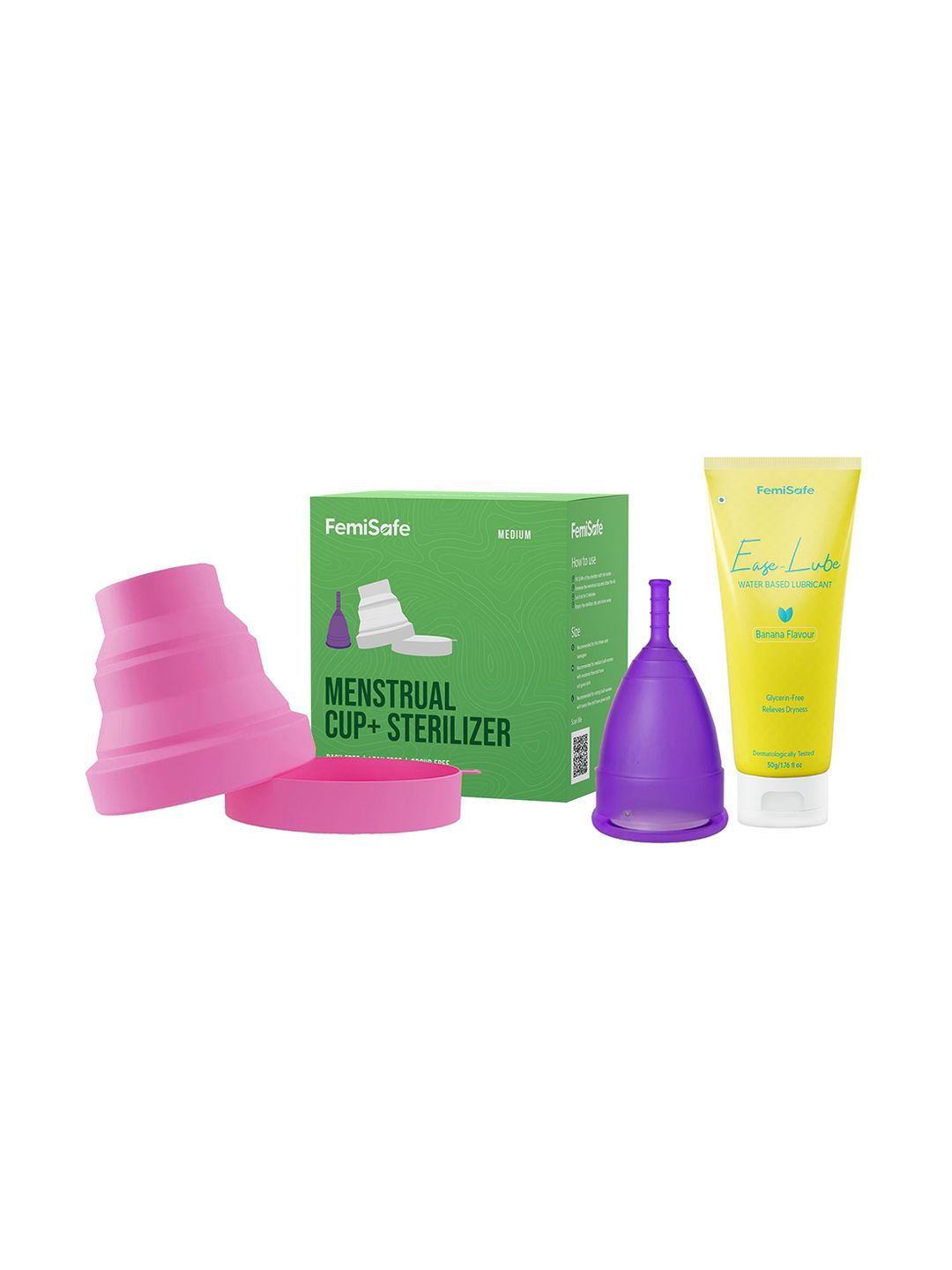 FEMISAFE Set Of 3 Menstrual Cup- S- Sterilzer & Water Based Lubricant- 50 g- Banana