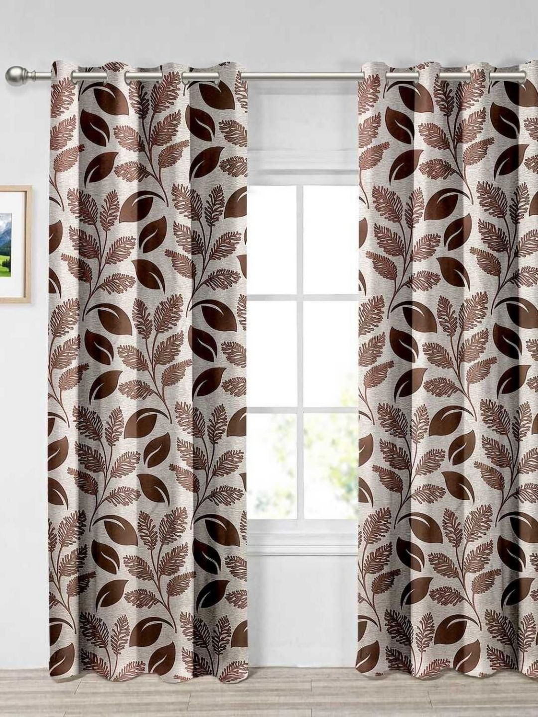 Aura Brown & Beige Set of 2 Floral Window Curtain-picture-22