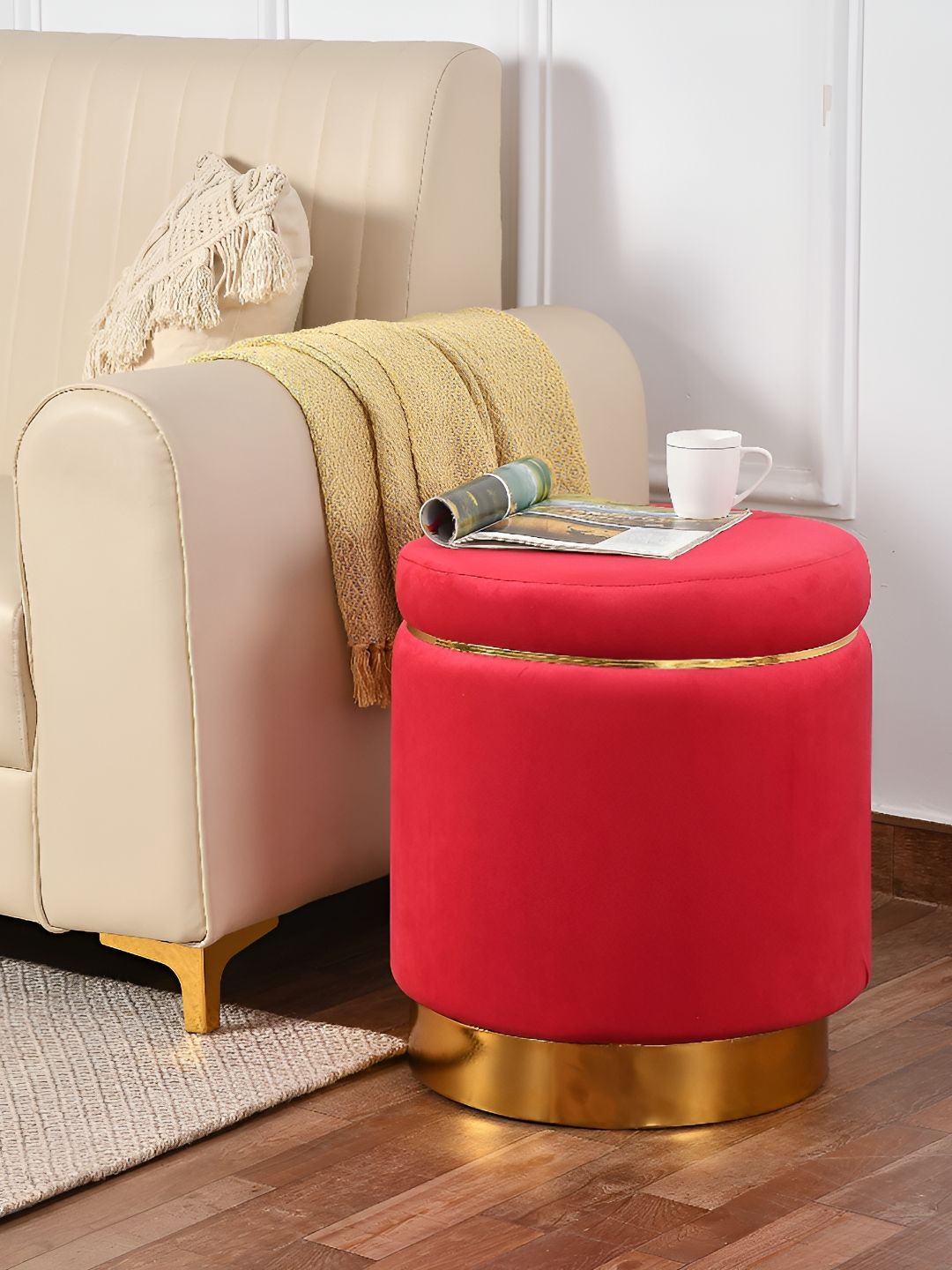NACIA Red Printed Wooden Round Ottoman-image-21