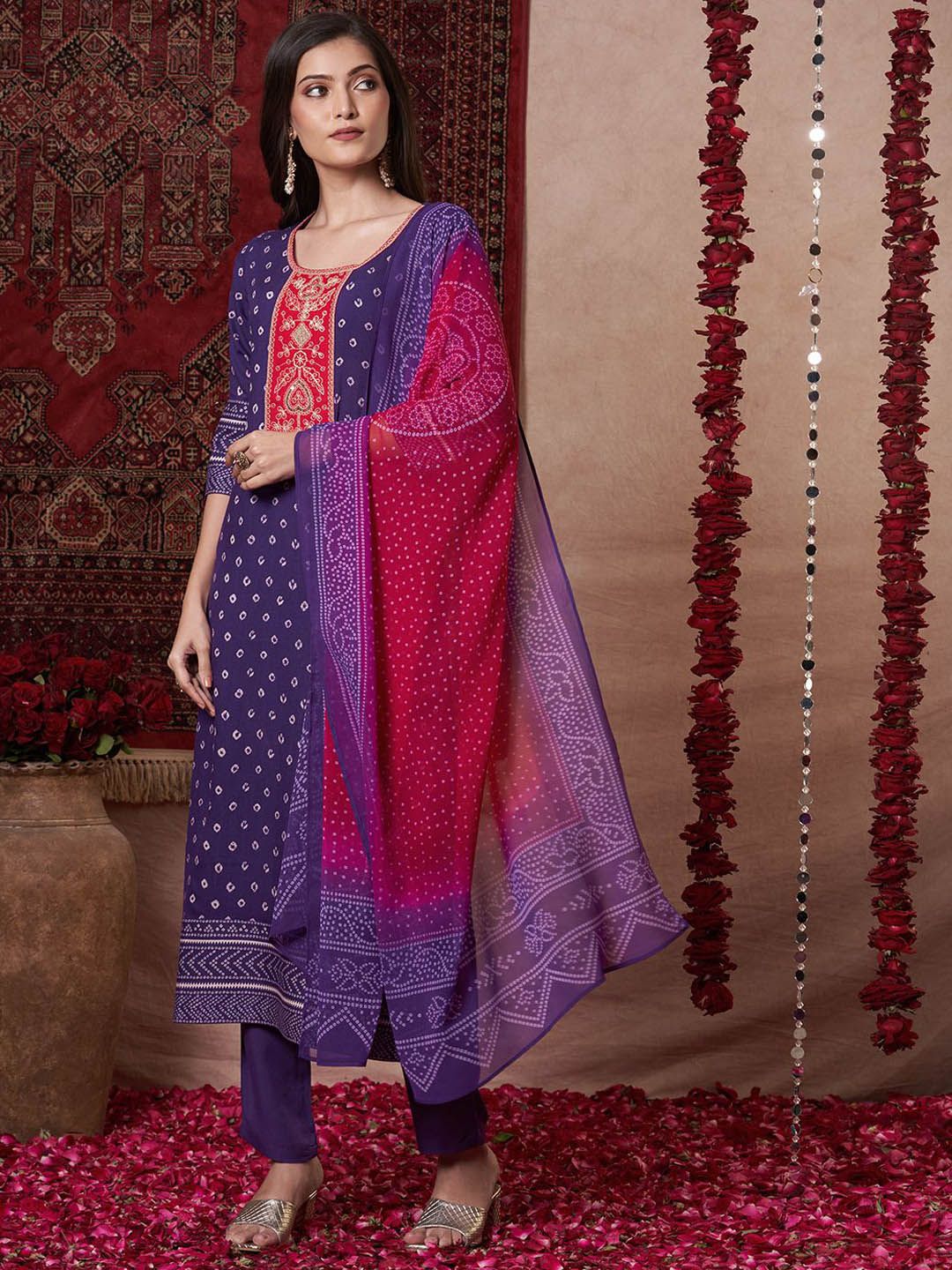 KALINI Bandhani Printed Scoop Neck Zari Straight Kurta With Trousers And Dupatta-picture-11