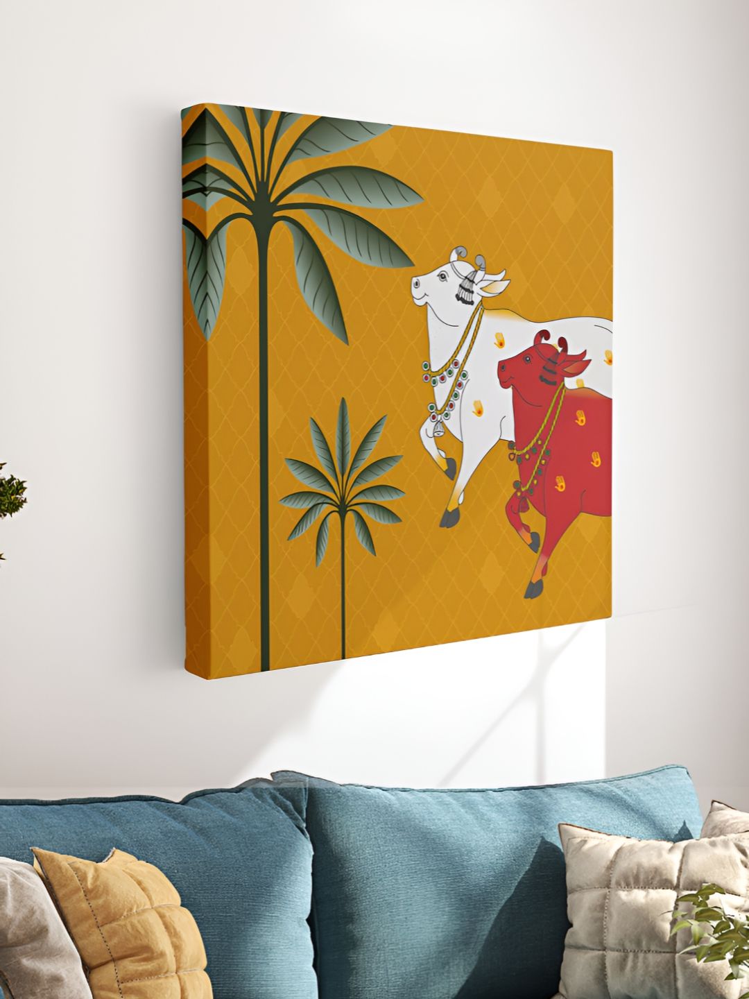 Myntra Elegant Homes Mustard & White Pichwai Cow Canvas Wall Art-image-32
