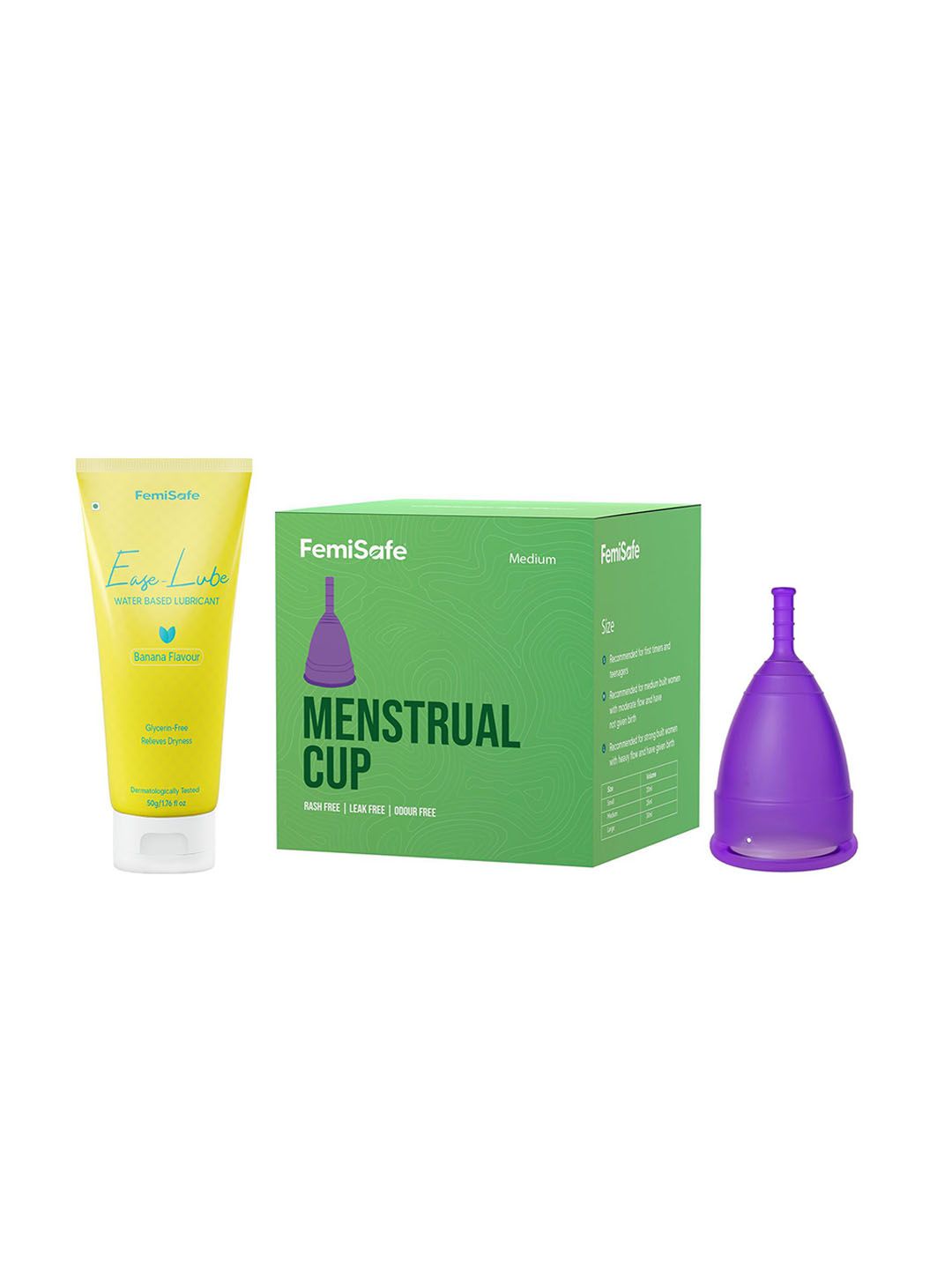 FEMISAFE Set Of 2 Reusable Menstrual Cup- M & Water Based Lubricant- 50 g- Banana Flavour