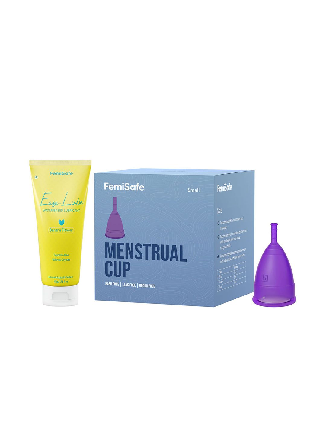 FEMISAFE Set Of 2 Reusable Menstrual Cup- S & Water Based Lubricant- 50 g- Banana Flavour