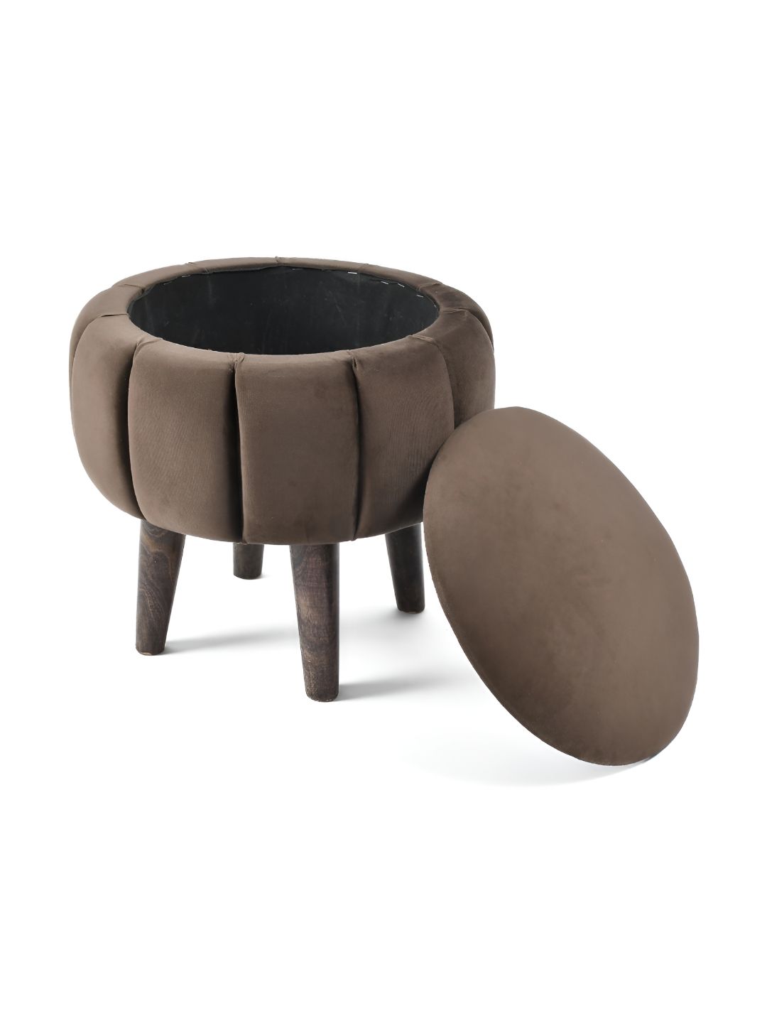 NACIA Brown Wooden & Velvet Round Storage Ottoman-image-31
