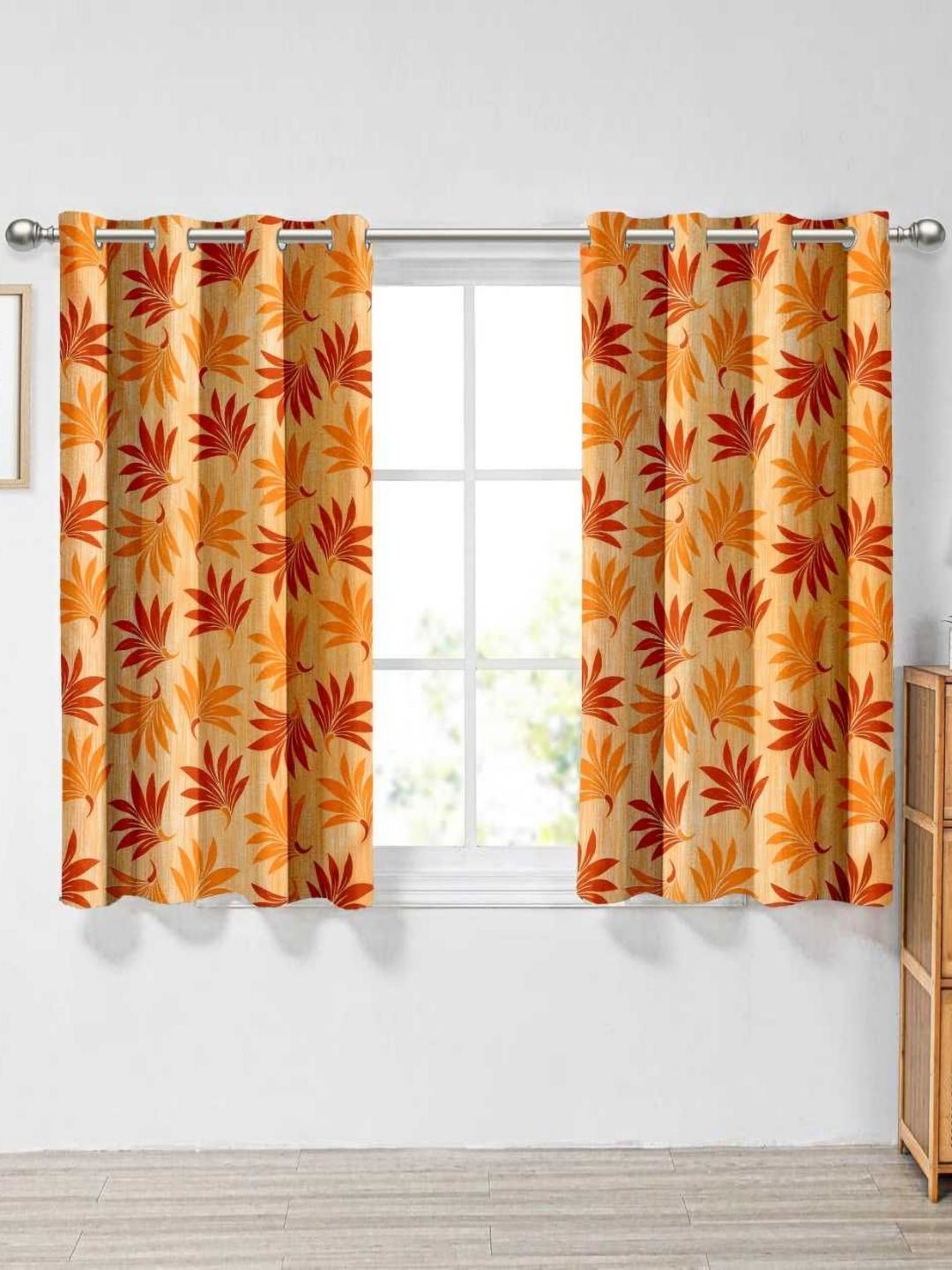 Aura Orange & Red Set of 2 Floral Window Curtain-image-30
