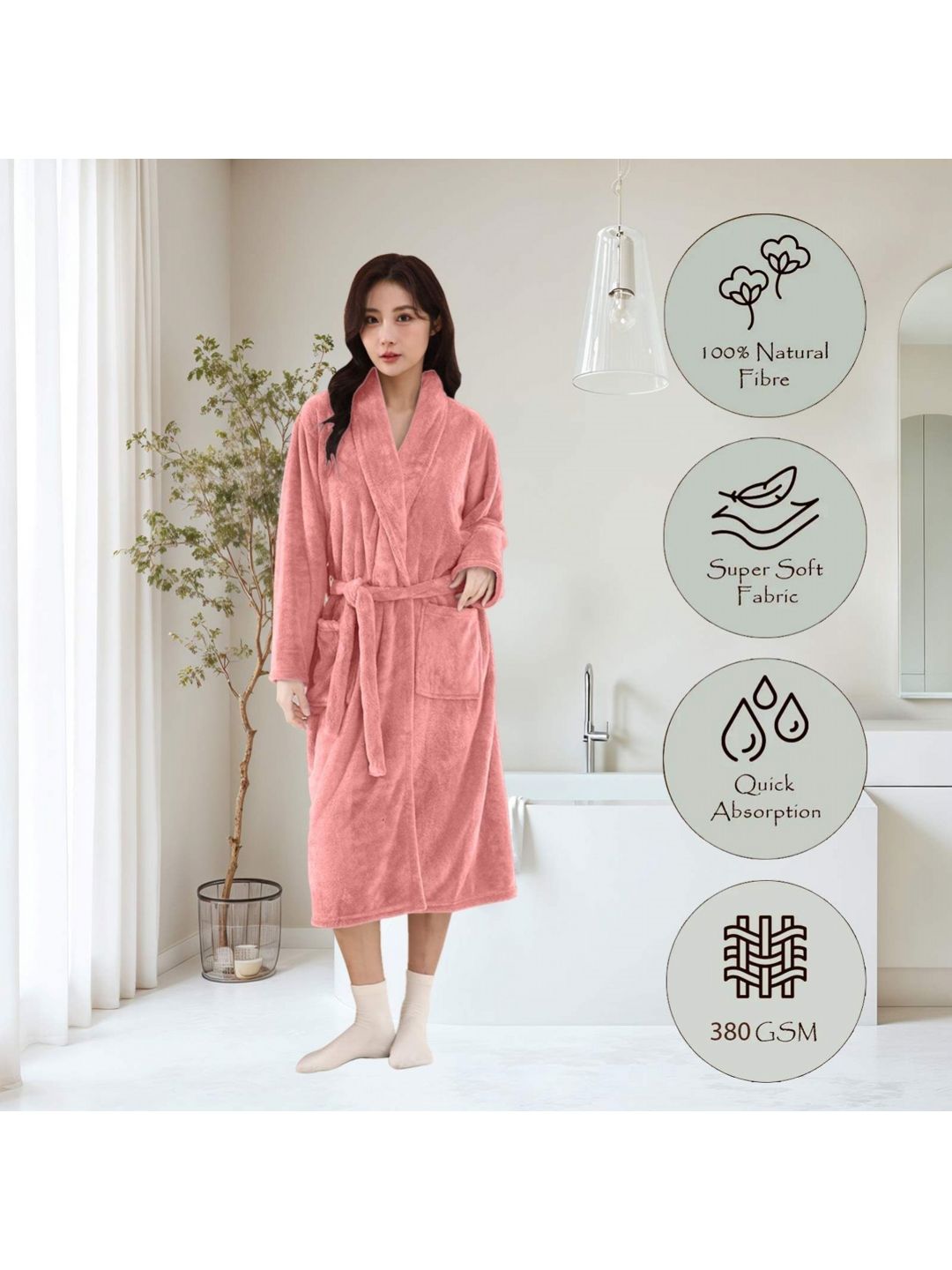 HOUSSE Peach Colored 360 GSM Shawl Collar Bath Robe-image-5