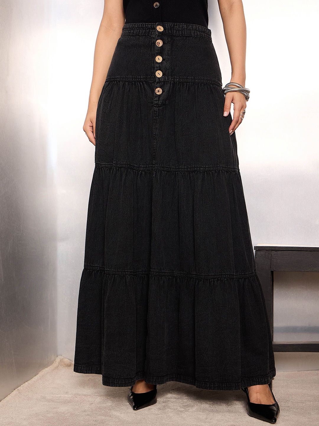 SASSAFRAS Women Denim Flared Maxi Skirts-image-40