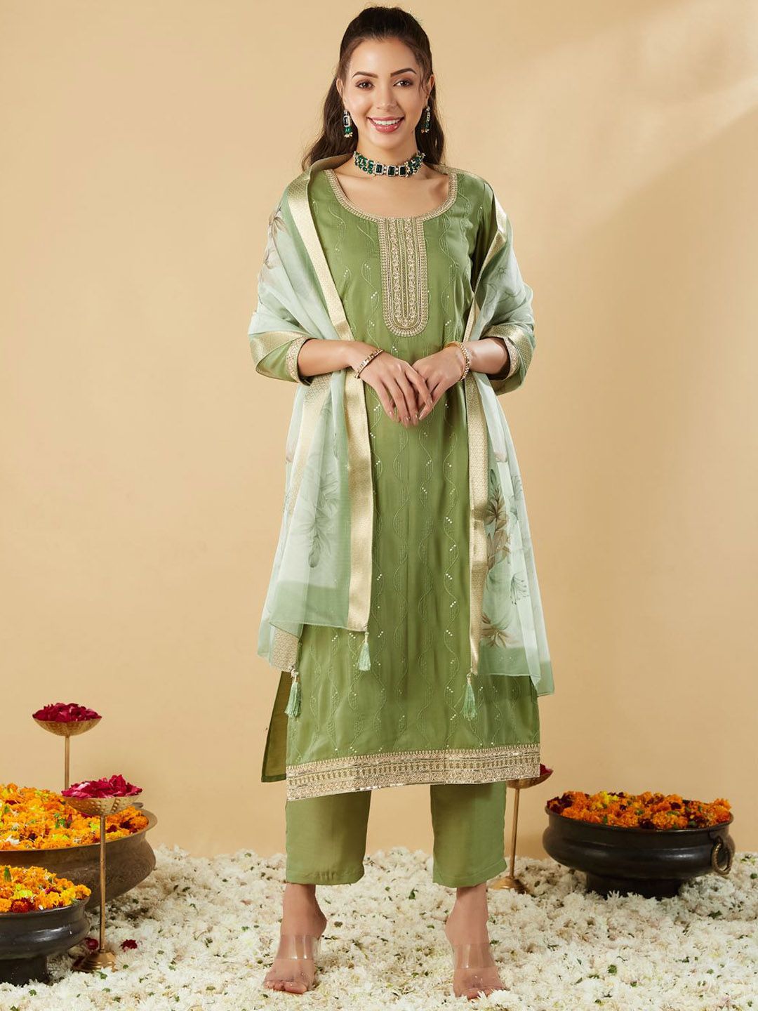 MOKOSH Floral Embroidered Sequinned Straight Kurta with Trouser & Dupatta