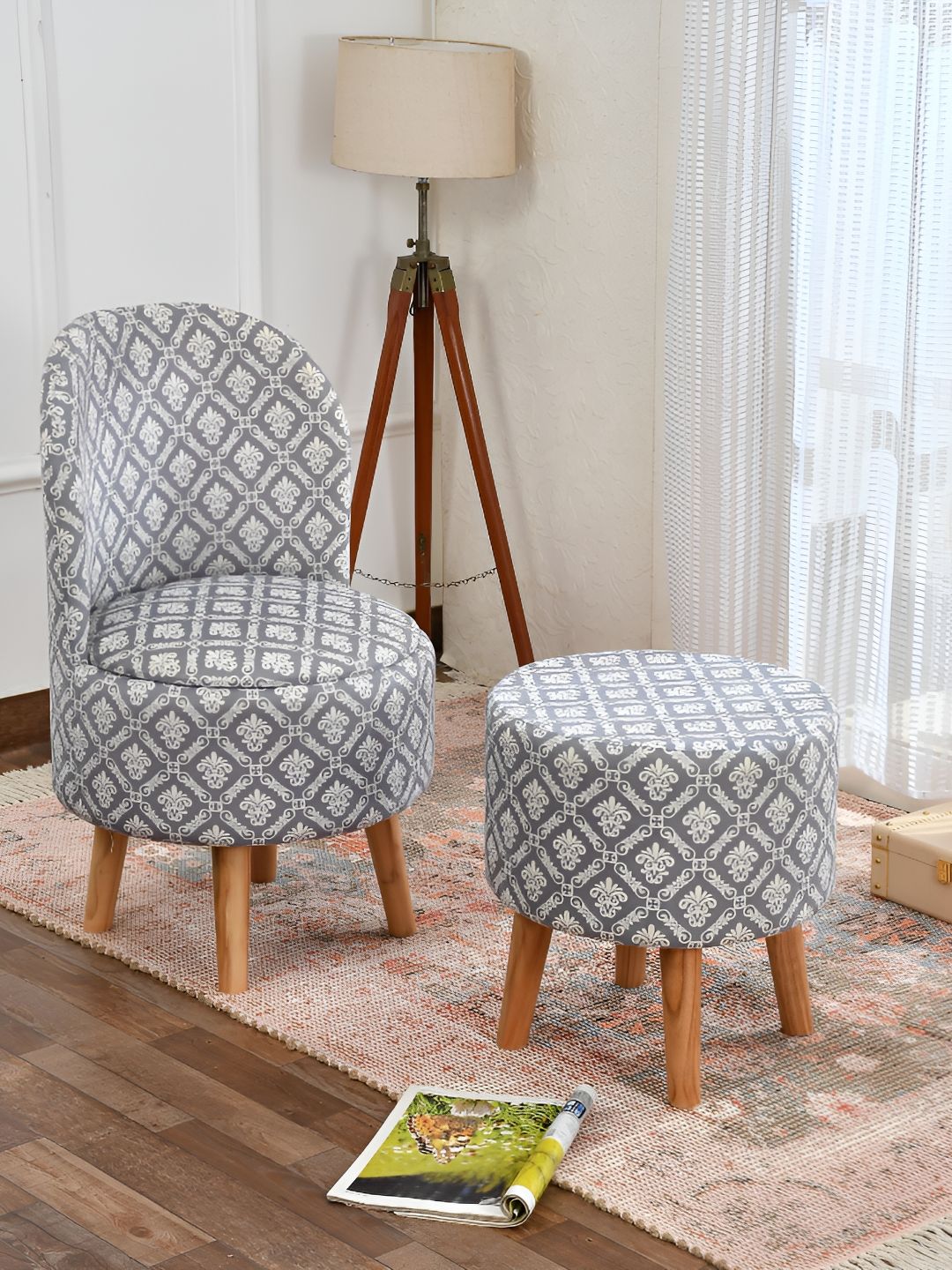 NACIA 2 Pieces Grey & White Textured Wooden & Velvet Round Ottoman-image-29