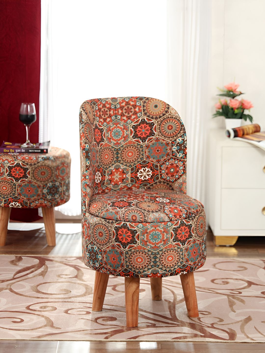 NACIA Brown & Blue Printed Wooden Round Ottoman-image-24