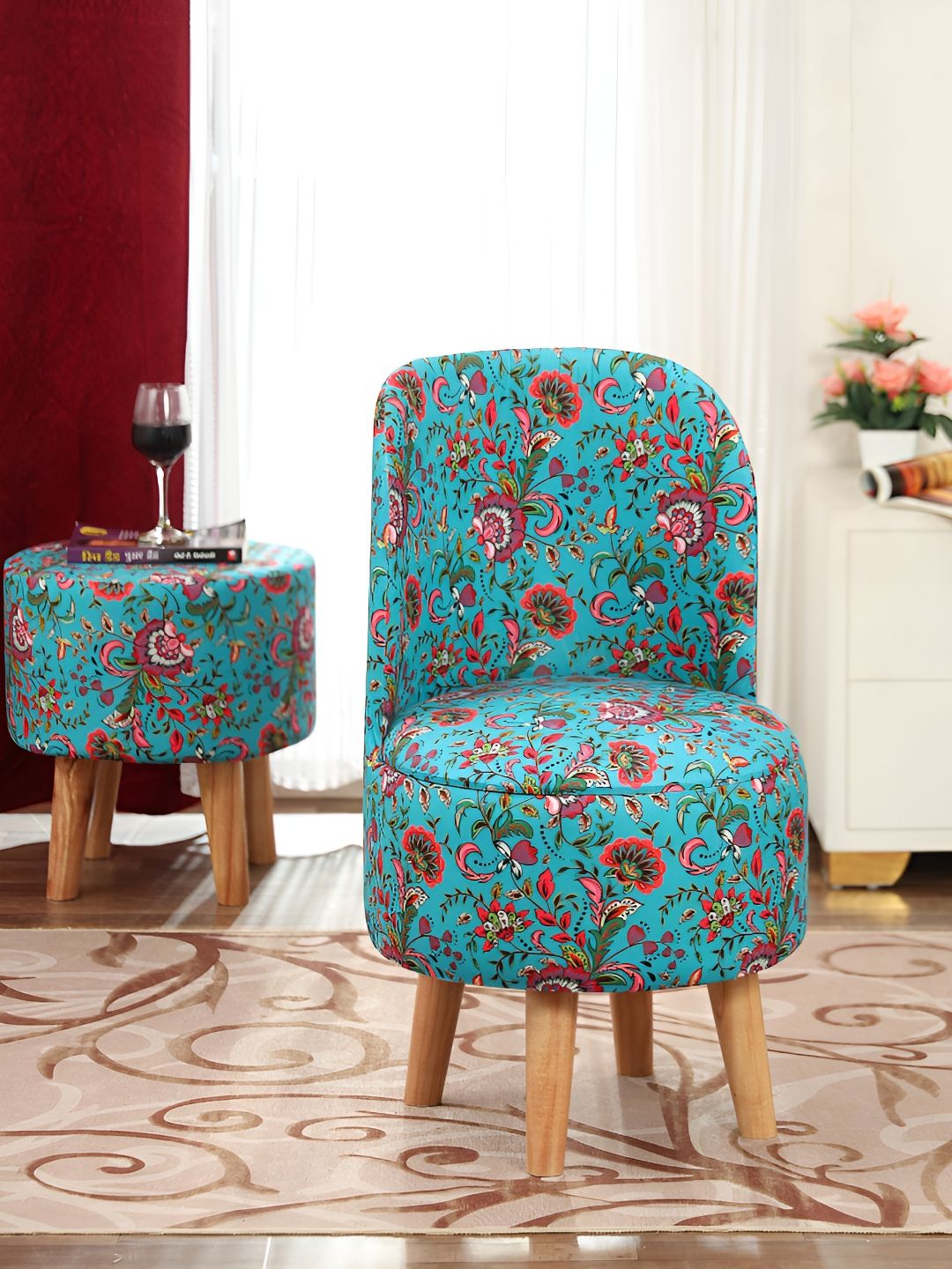 NACIA Blue & Pink Floral Printed Ottoman Pouffes Chair-picture-50