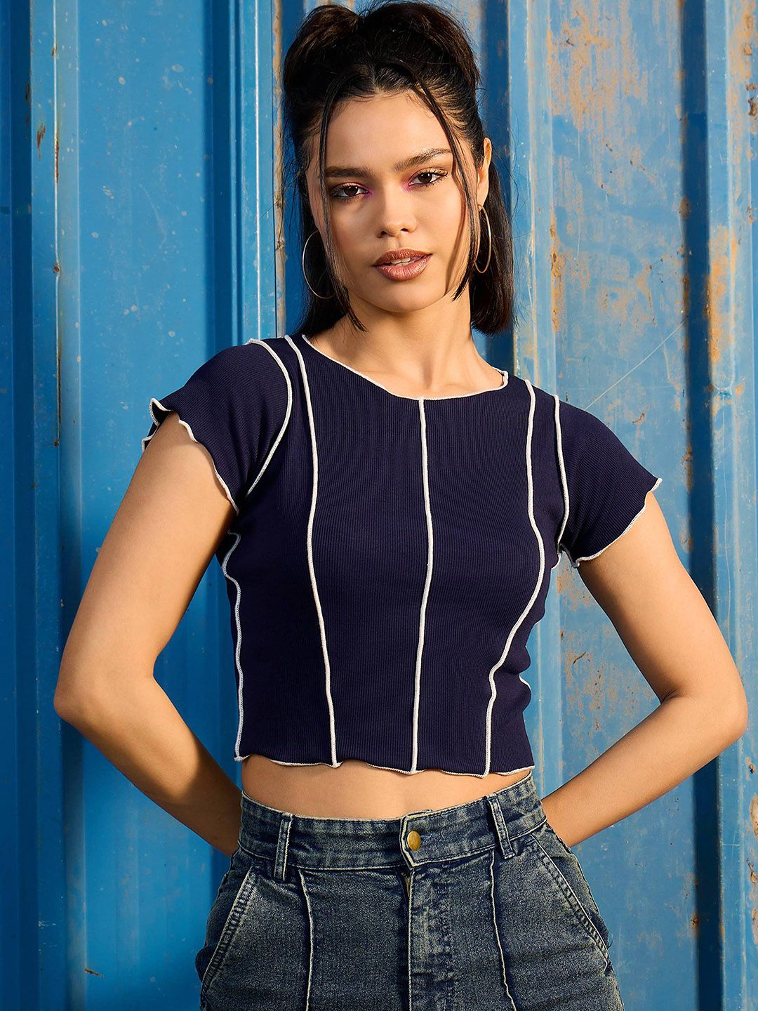 CORSICA Paneled Contrast Stitch Ribbed Crop Top-picture-15