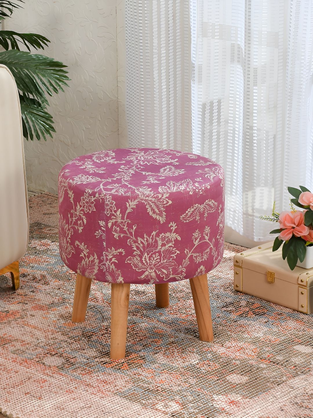 NACIA Pink & White Printed Soft Cushioned Ottoman-picture-22