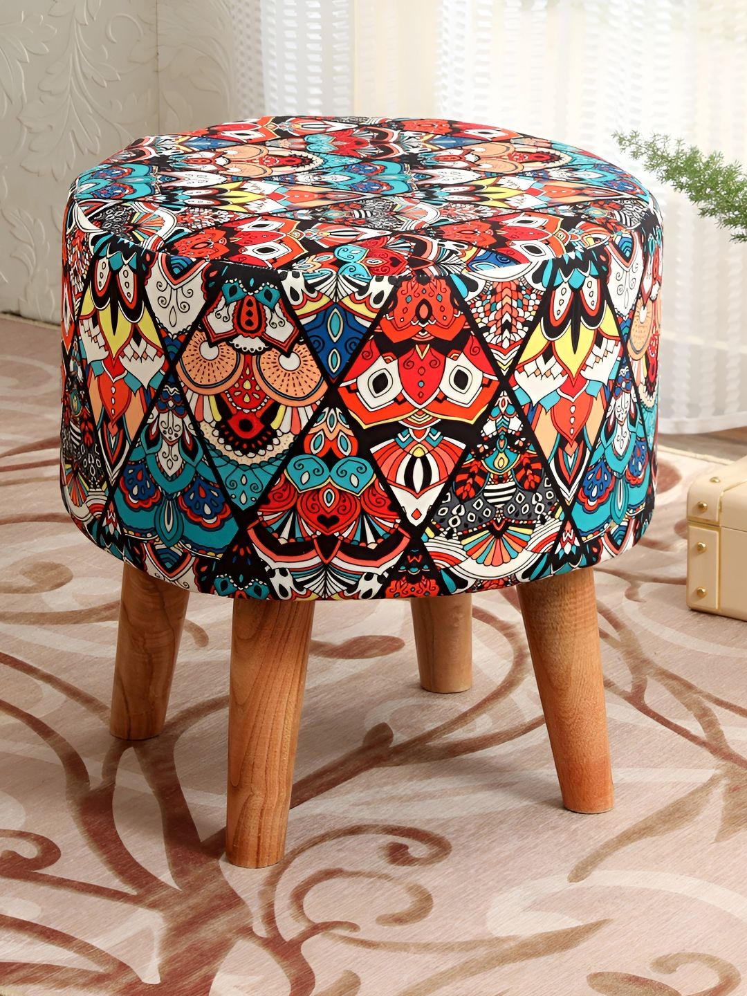 NACIA Red & Blue Ethnic Motifs Printed Wooden Ottoman Pouffes Stool-image-36