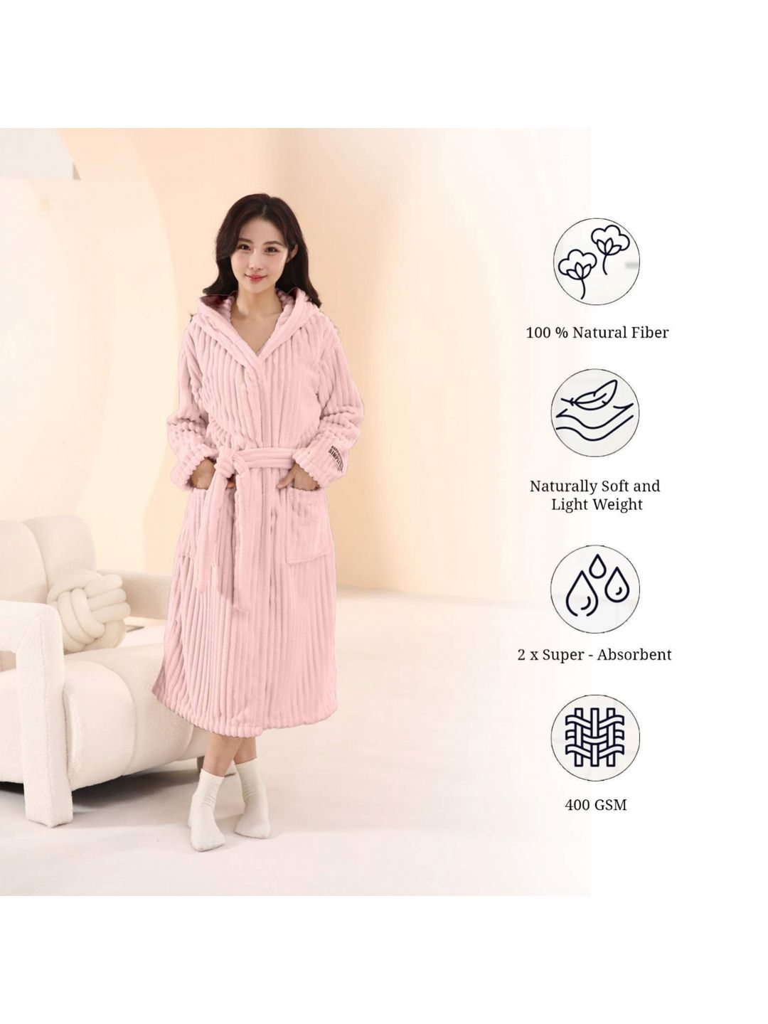 HOUSSE Pink 360 GSM Hooded Bath Robe-image-1