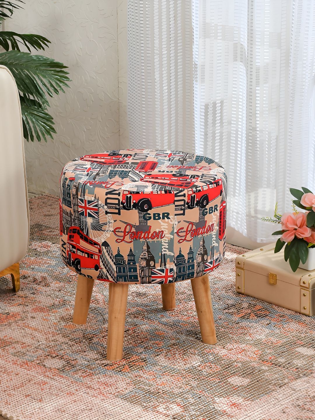 NACIA Red & Blue Printed Wooden & Velvet Round Pouffes Stool Ottomans-image-49