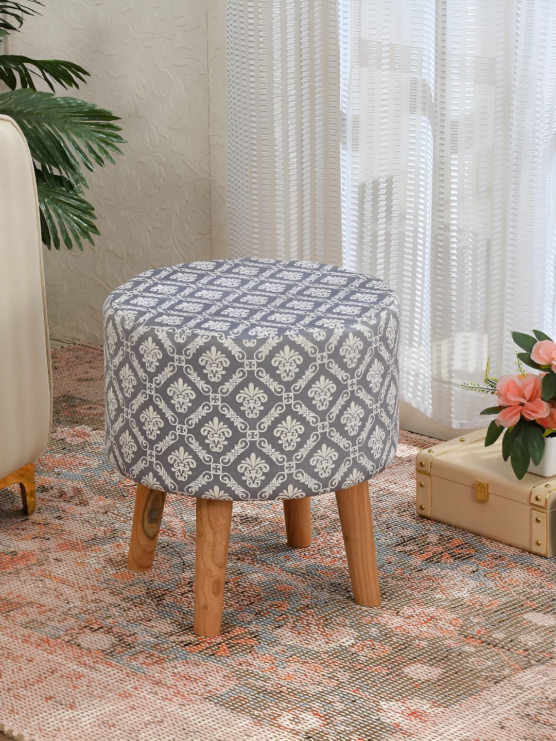 NACIA Grey & White Ethnic Motifs Printed Cylindrical Shape Wooden & Velvet Ottomans-image-11