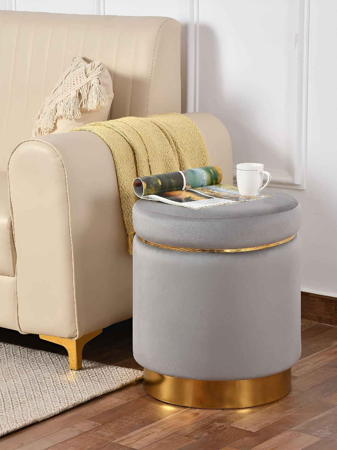 NACIA Grey Wooden Ottoman PouffesStool-image-20