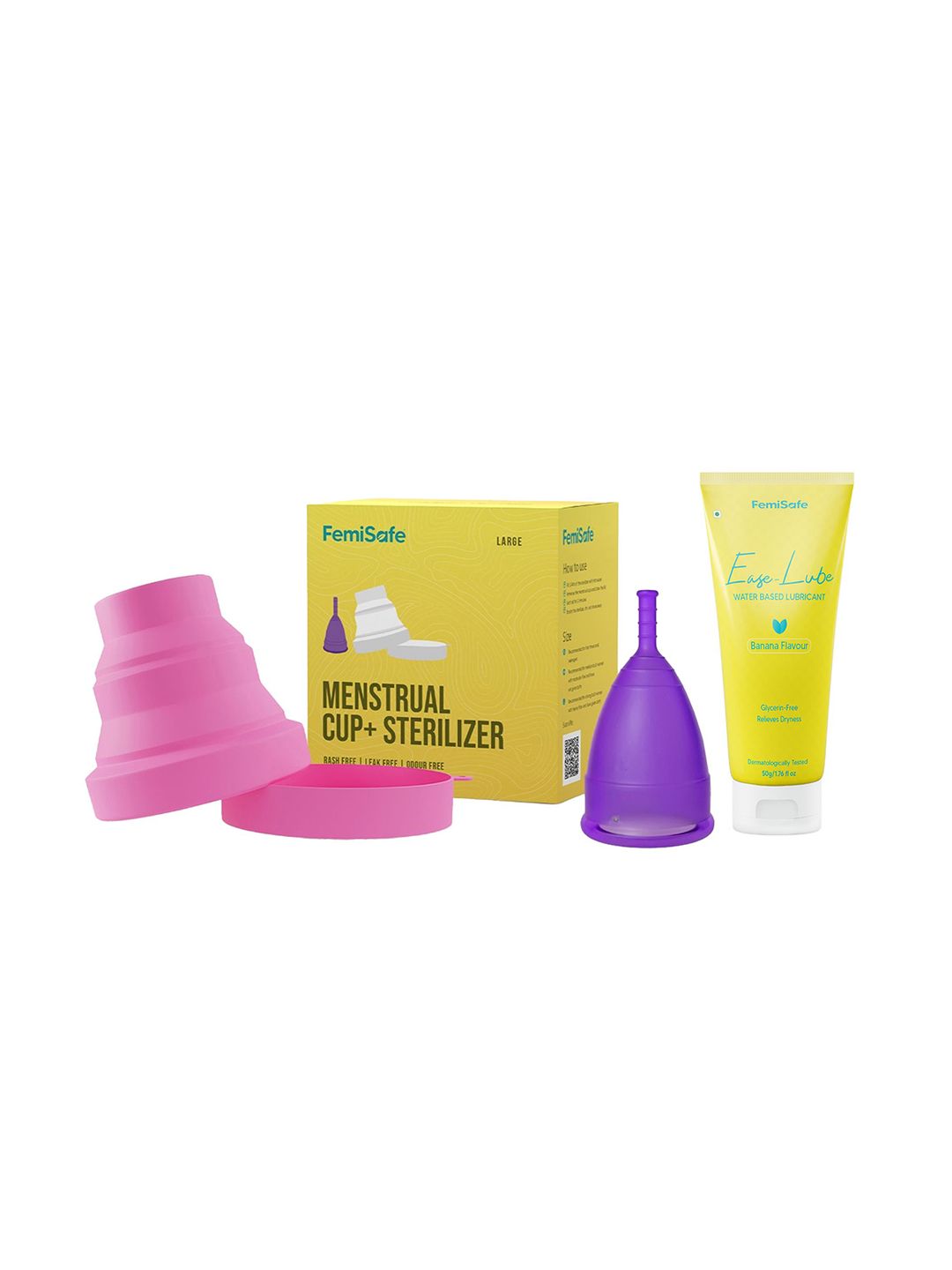 FEMISAFE Set Of 3 Menstrual Cup- S- Sterilzer & Water Based Lubricant- 50 g- Banana