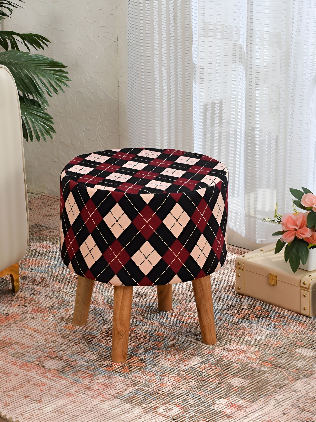 NACIA Brown & Black Checked Printed Wooden & Velvet Ottomans-picture-35