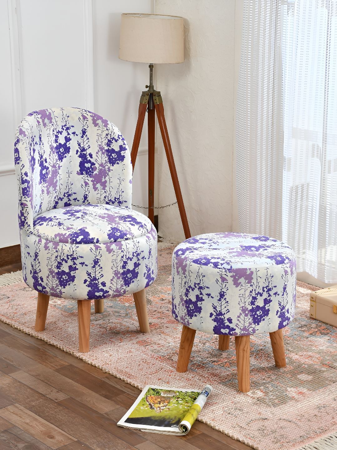 NACIA Blue & Pink 2 Pieces Printed Wooden & Velvet Cylindrical & Round Pouffe Ottomans-image-48