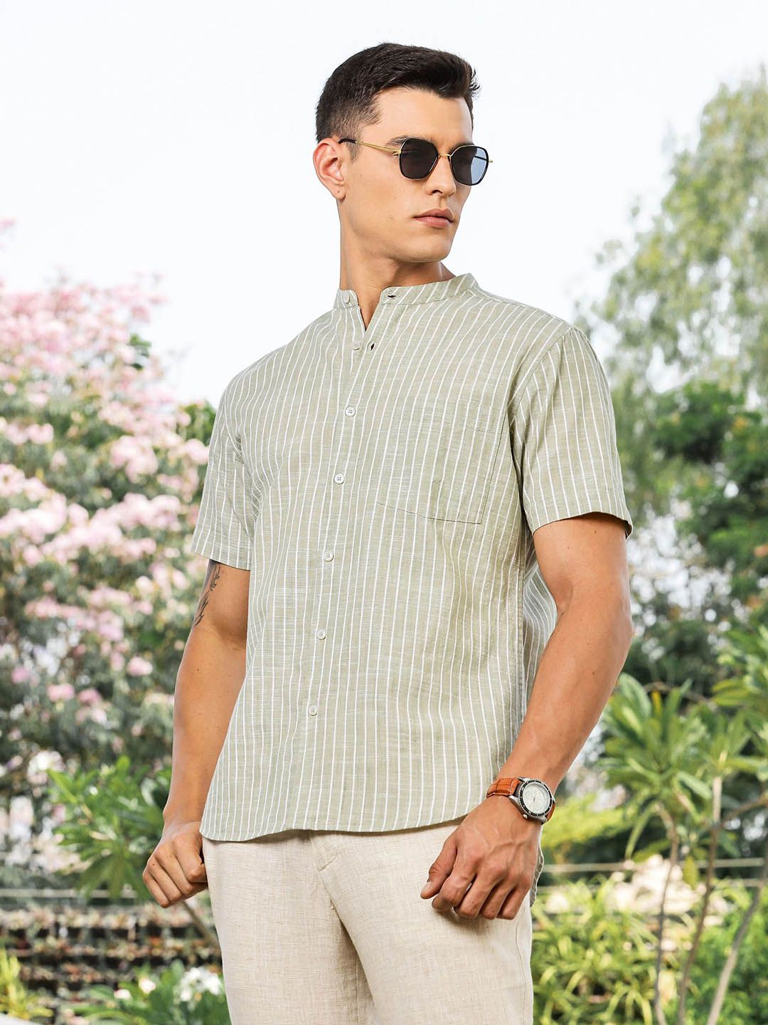 Mast & Harbour Premium Band Collar Vertical Striped Pure Cotton Regular Fit Casual Shirt-picture-28