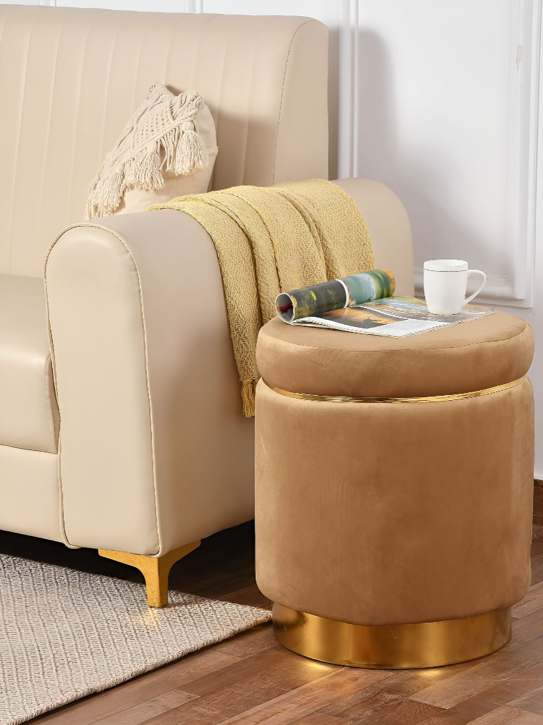 NACIA Beige & Gold Round Shape Wooden Ottomans-picture-15