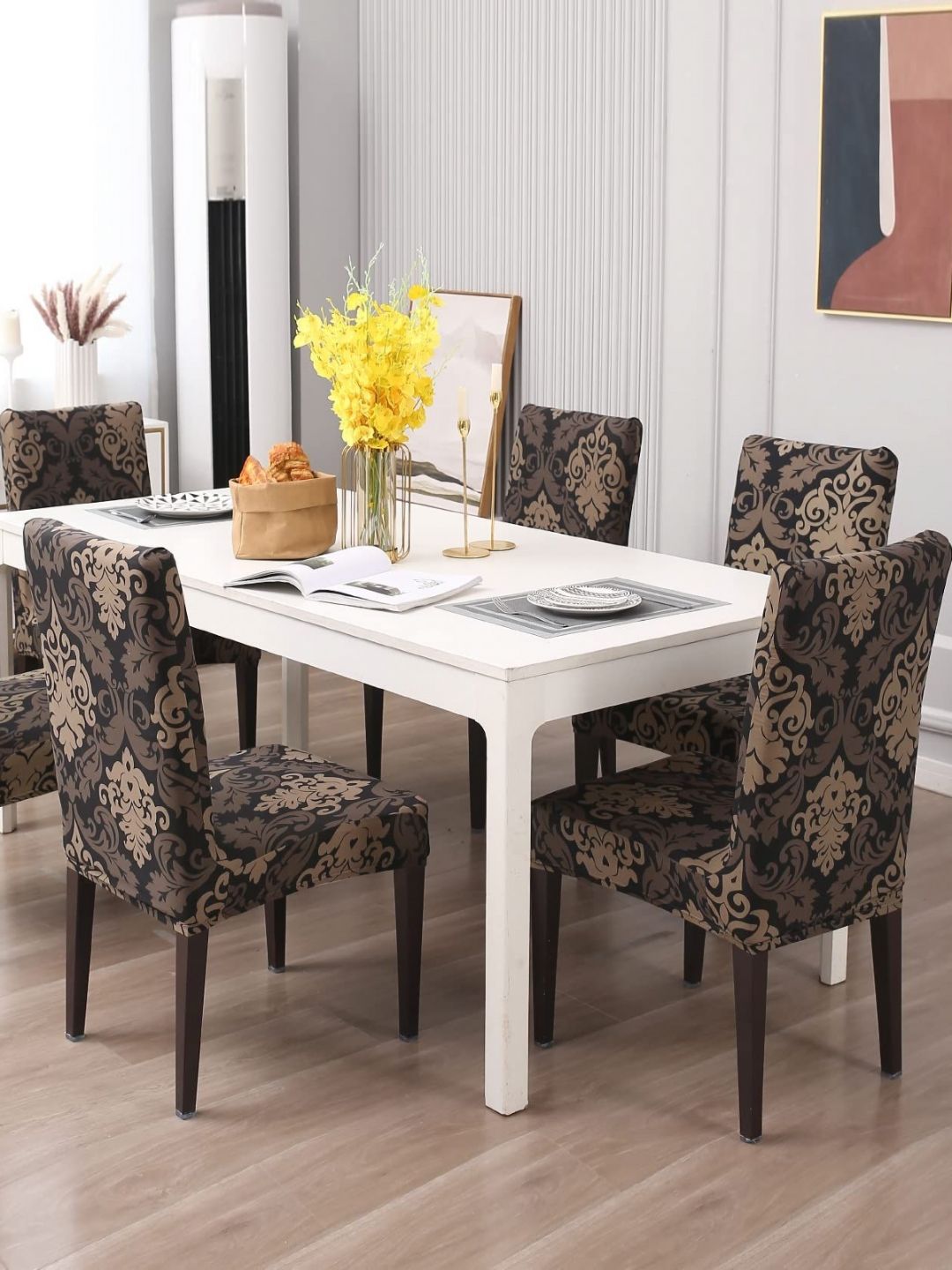 Bajo's Black & Beige 6 Pieces Printed Super Stretchable Chair Covers-picture-44