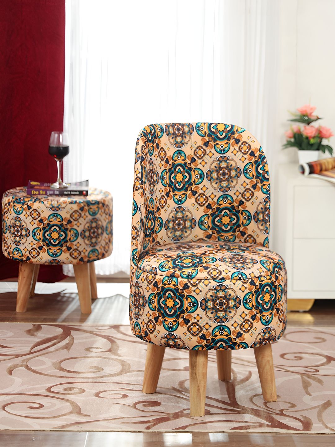 NACIA Green & Beige Printed Wooden Round Ottoman-picture-11