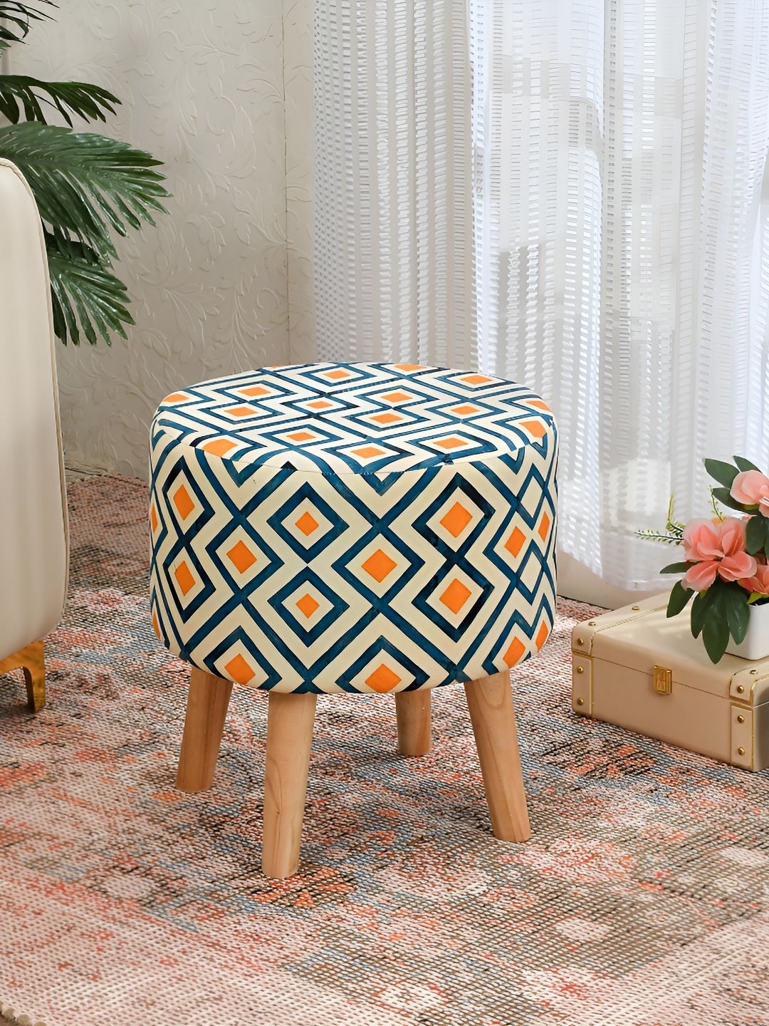 NACIA Yellow & White Printed Wooden & Velvet Round Pouffes Stool Ottomans-image-11