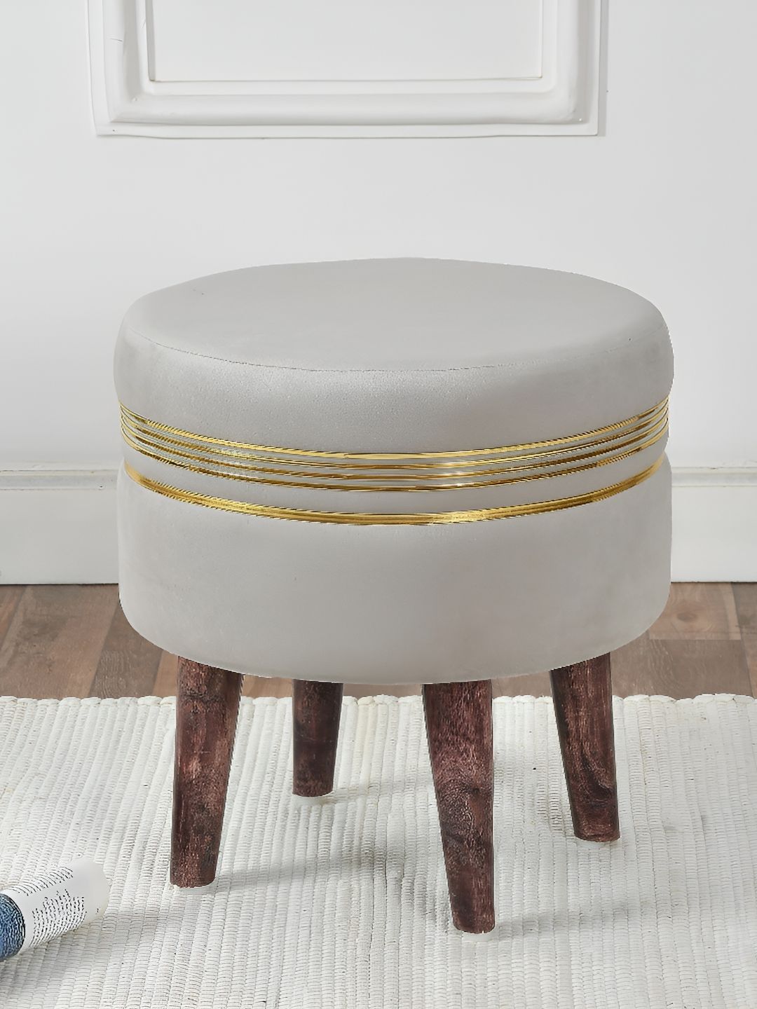 NACIA Grey & Gold Toned Round Shaped Wooden & Velvet Ottoman-image-23