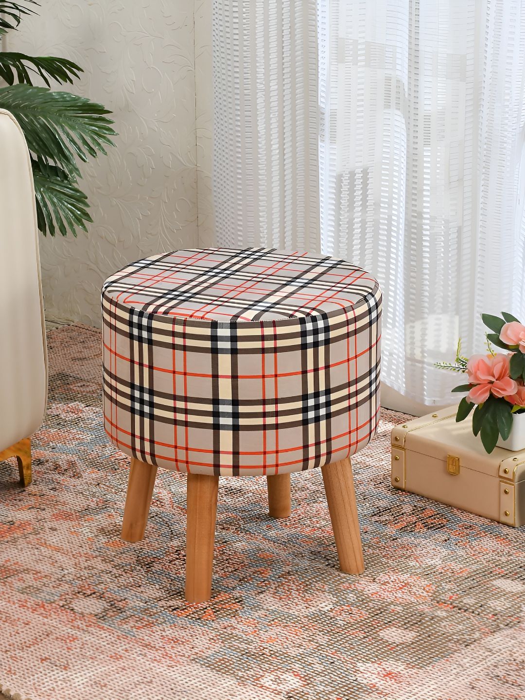 NACIA Beige & Brown Printed Wooden Ottoman Pouffes Stool-picture-21