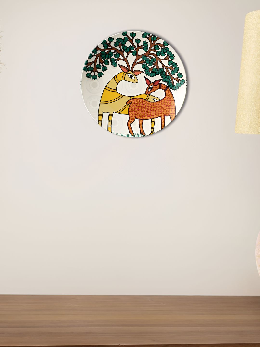 THE QUIRKY HOME White & Yellow Indian Folk Art Printed Ceramic Decorative Wall Plate-picture-32