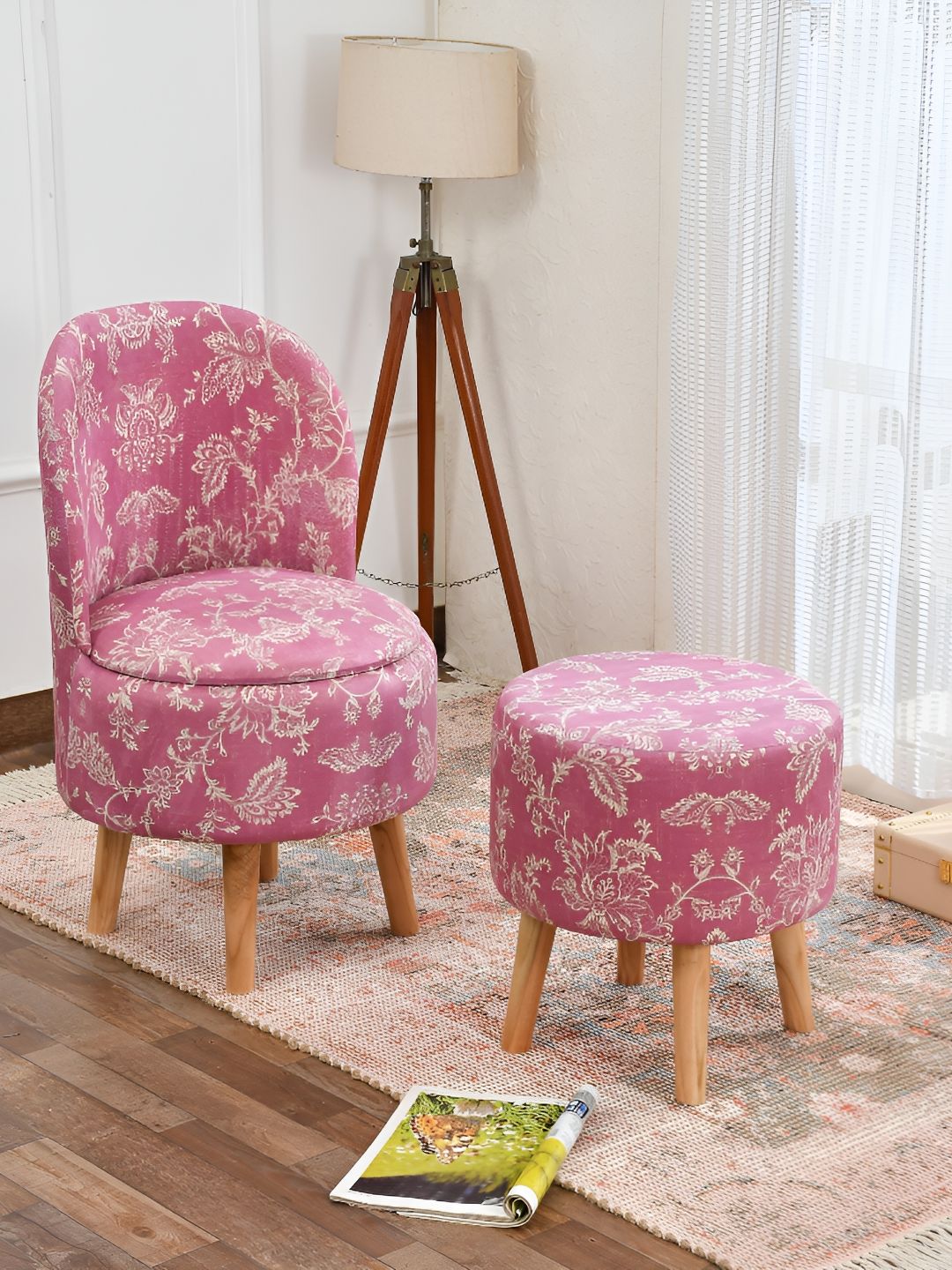 NACIAPink And White 2 Piece Printed Wooden Cylindrical Ottoman With Stool-image-28